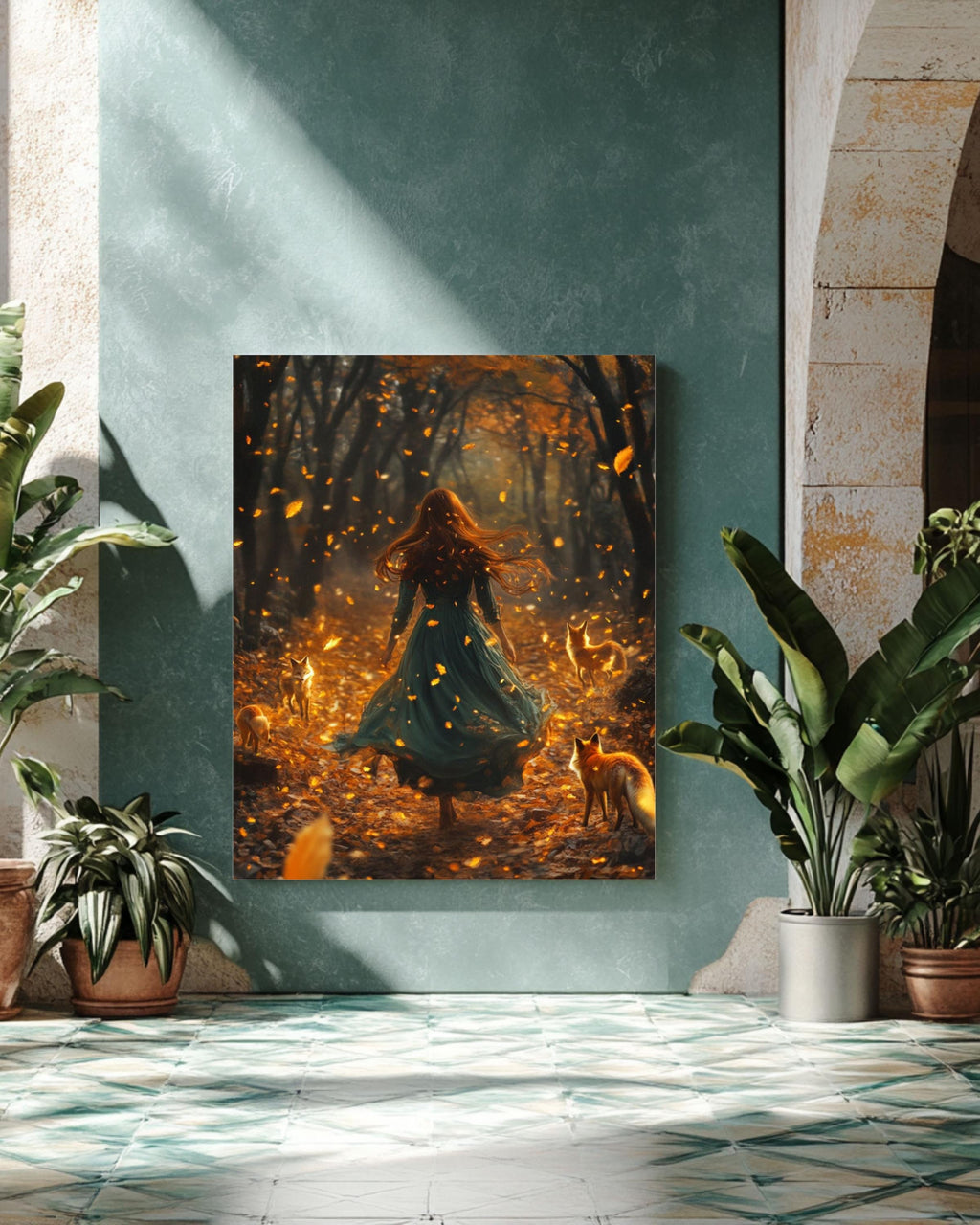Enchanted Autumn Forest Art: Girl with Foxes, Fantasy Illustration Canvas Wall Art Print – Premium Home Decor