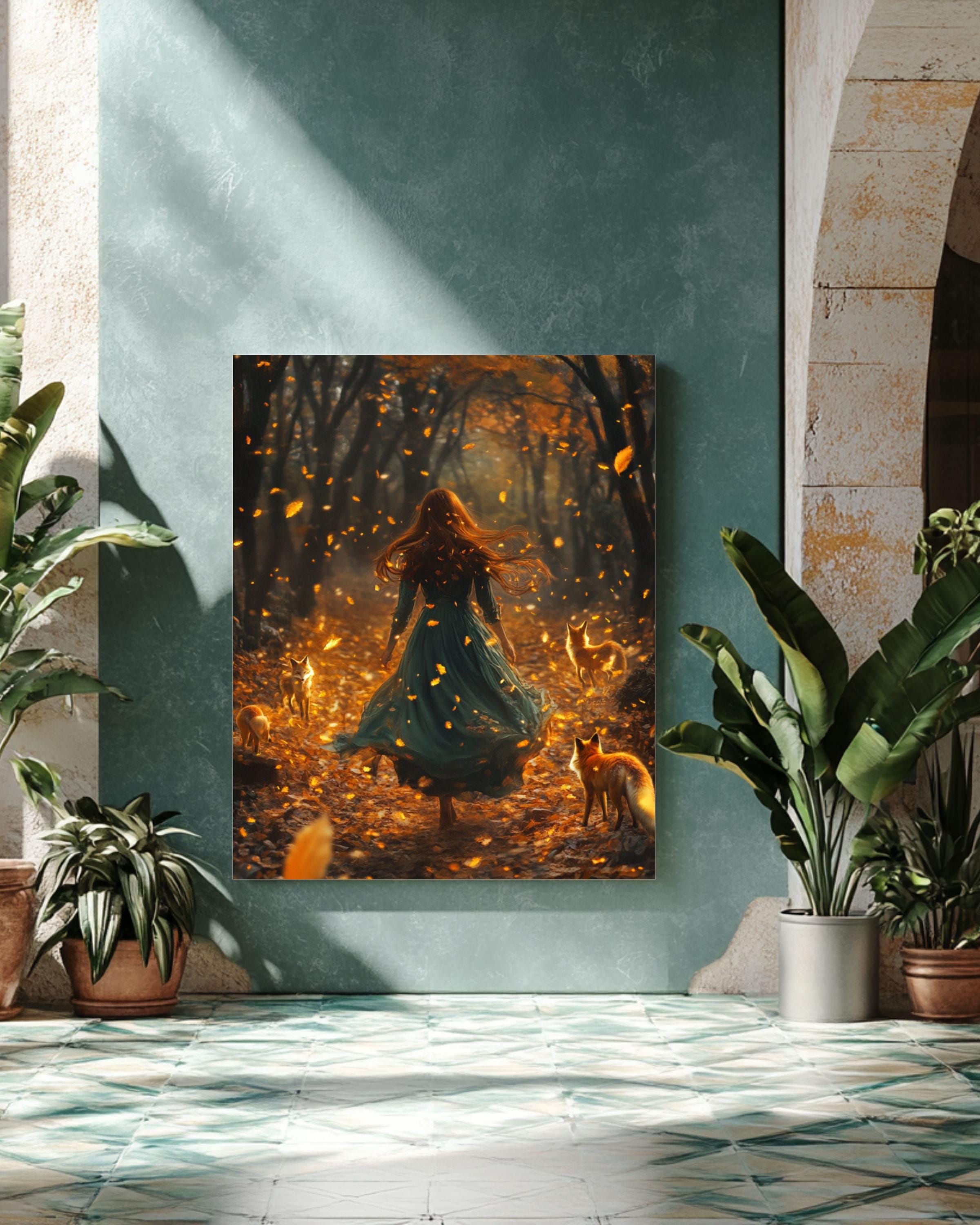 Enchanted Autumn Forest Art: Girl with Foxes, Fantasy Illustration Canvas Wall Art Print – Premium Home Decor