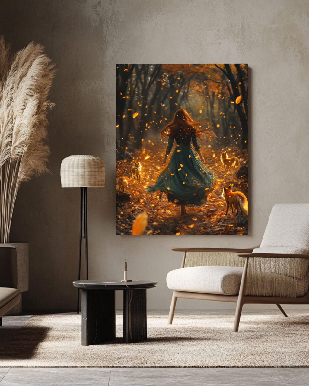 Enchanted Autumn Forest Art: Girl with Foxes, Fantasy Illustration Canvas Wall Art Print – Premium Home Decor