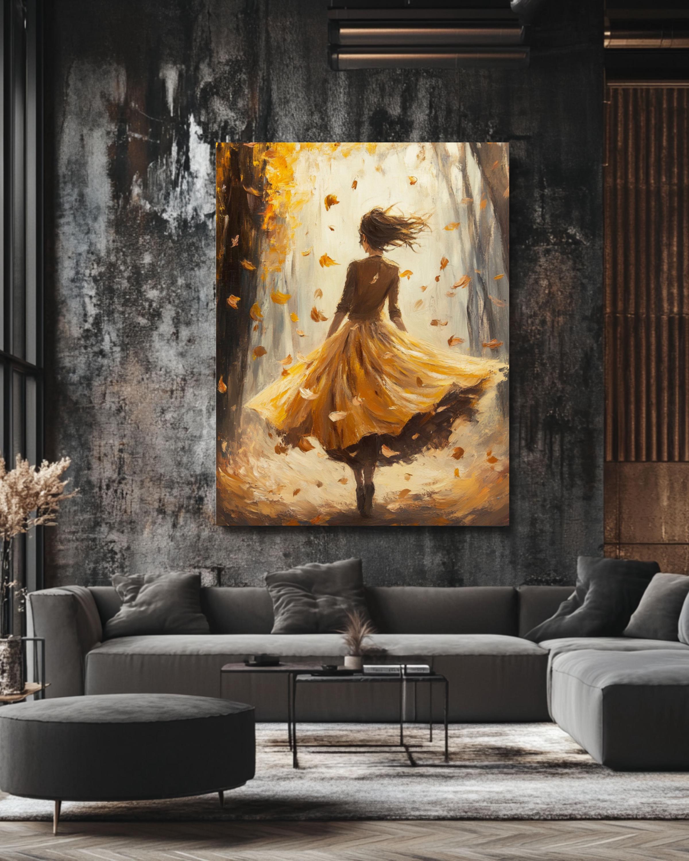 Autumn Fantasy Art Print: Girl in Yellow Dress, Oil Painting Style Canvas Wall Art Print – Premium Home Decor