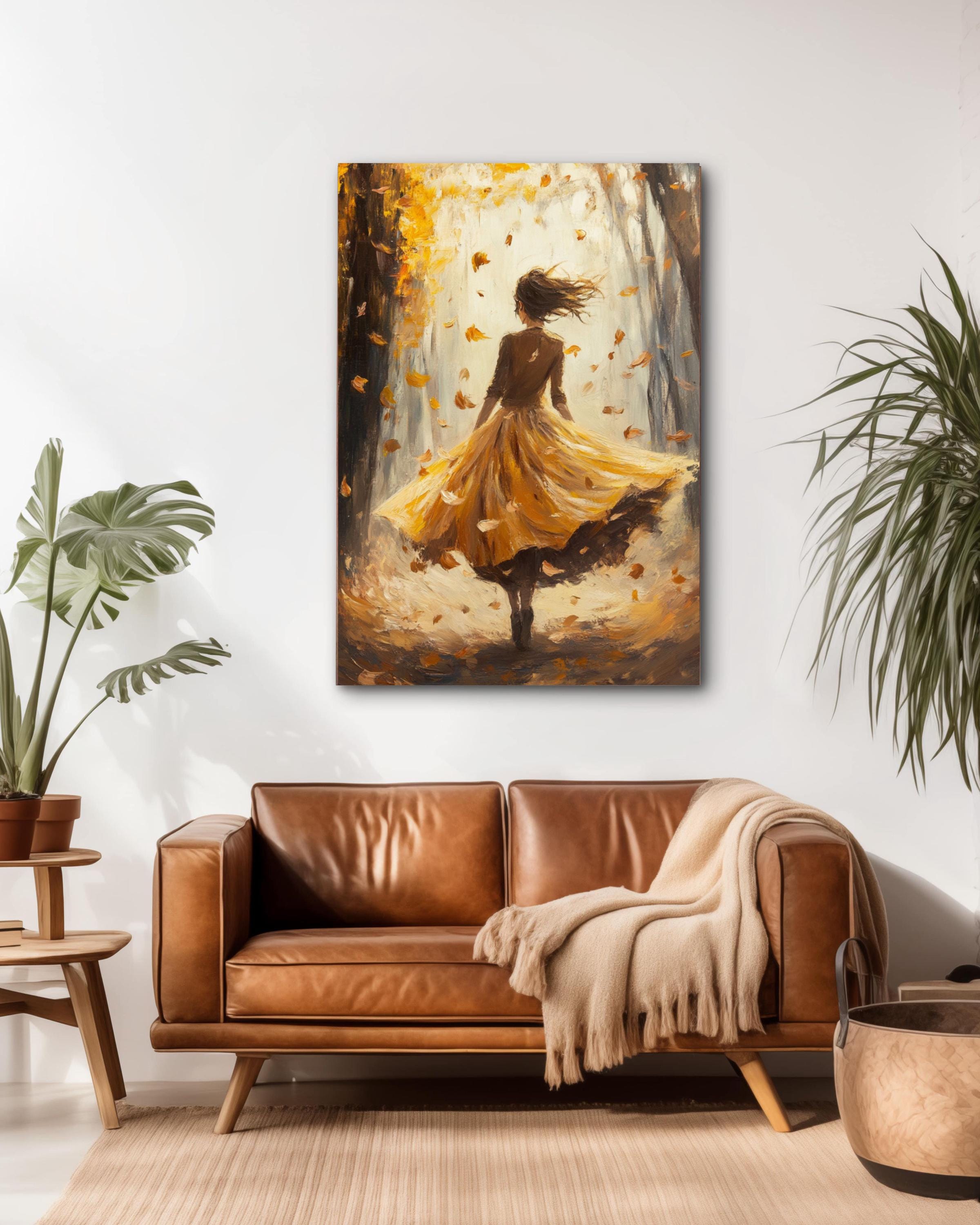 Autumn Fantasy Art Print: Girl in Yellow Dress, Oil Painting Style Canvas Wall Art Print – Premium Home Decor