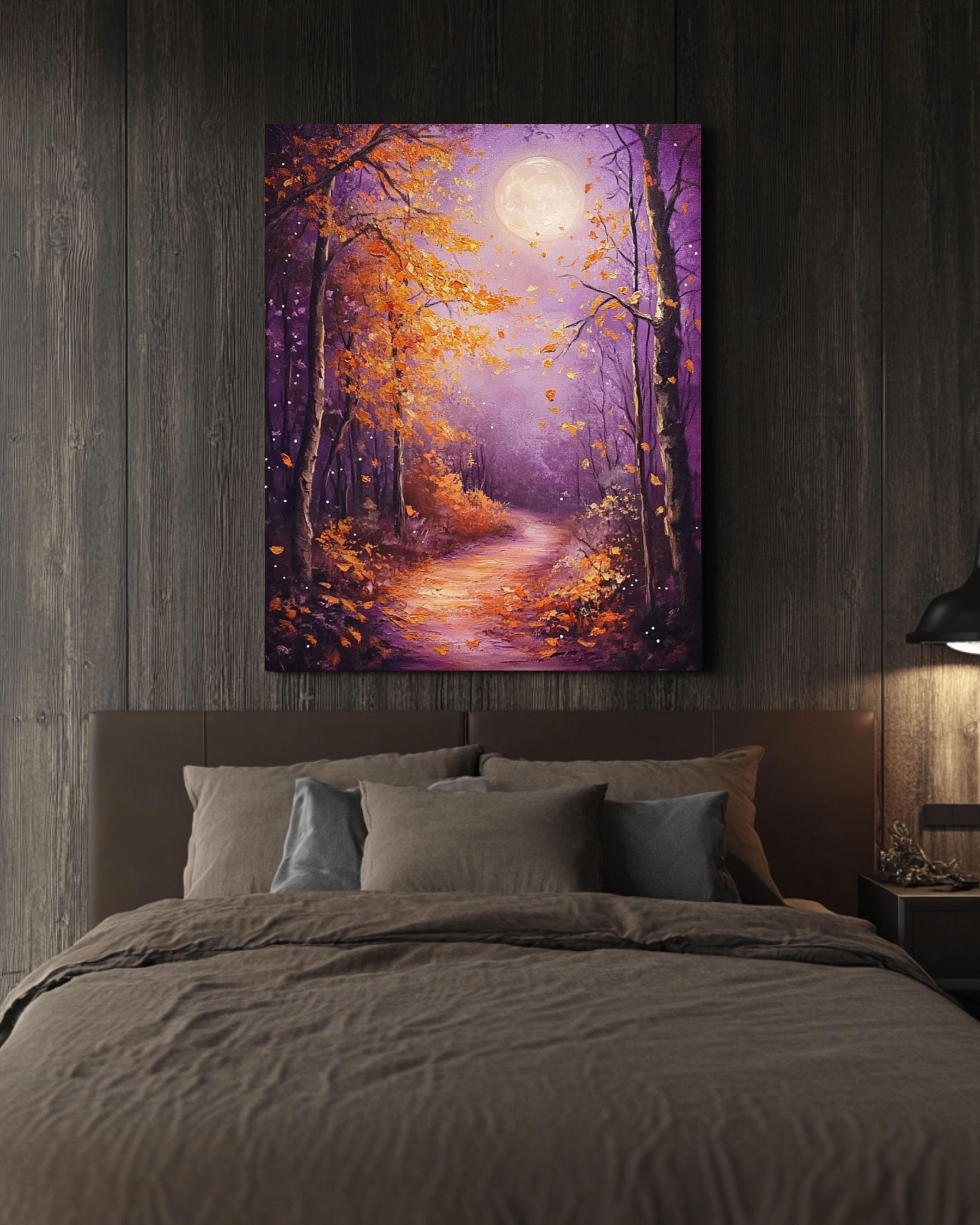 Moonlit Autumn Forest Painting: Fantasy Landscape Canvas Art Canvas Wall Art Print – Premium Home Decor