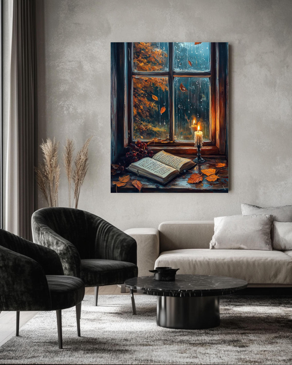 Rainy Window Autumn Scene Art: Cozy Book Lover Decor Canvas Wall Art Print – Premium Home Decor