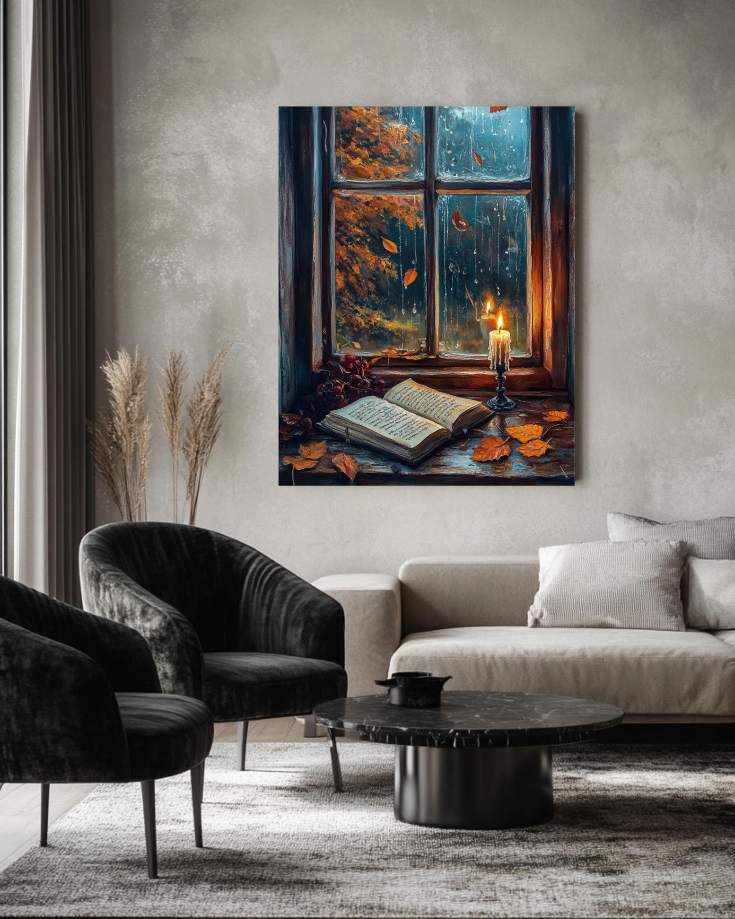 Rainy Window Autumn Scene Art: Cozy Book Lover Decor Canvas Wall Art Print – Premium Home Decor