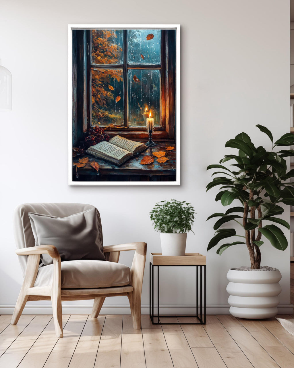 Rainy Window Autumn Scene Art: Cozy Book Lover Decor Canvas Wall Art Print – Premium Home Decor