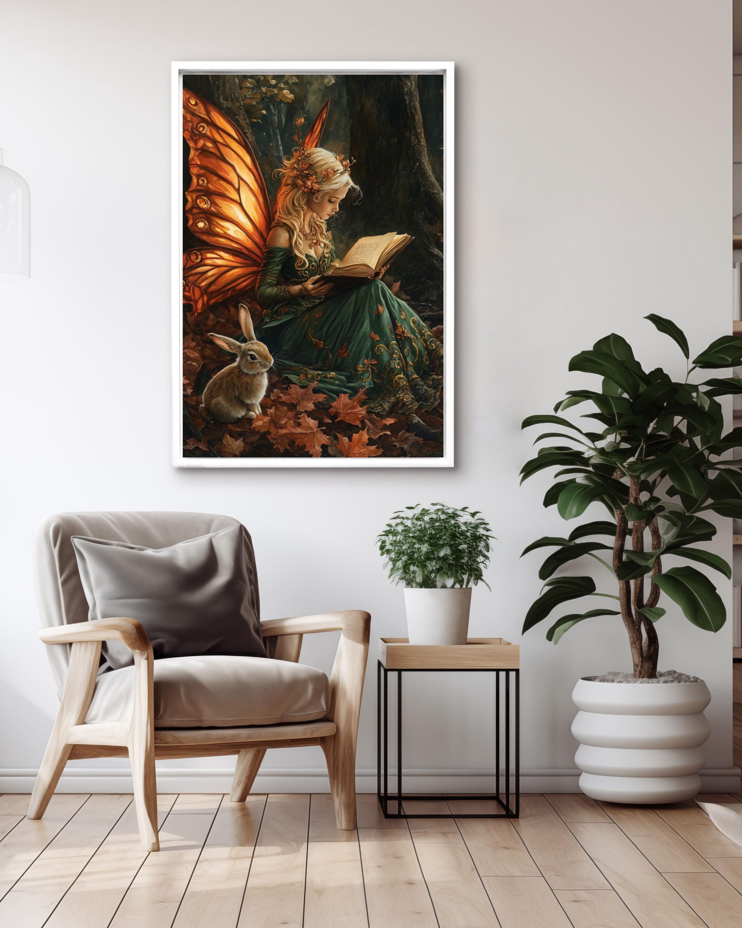 Autumn Fairy Reading to Rabbit Wall Art – Enchanted Forest Canvas Print