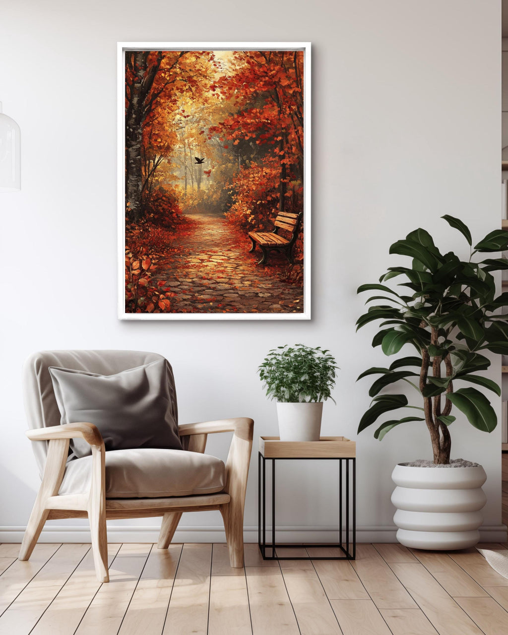 Rustic Autumn Forest Print: Cobblestone Path, Fall Leaves Canvas Wall Art Print – Premium Home Decor