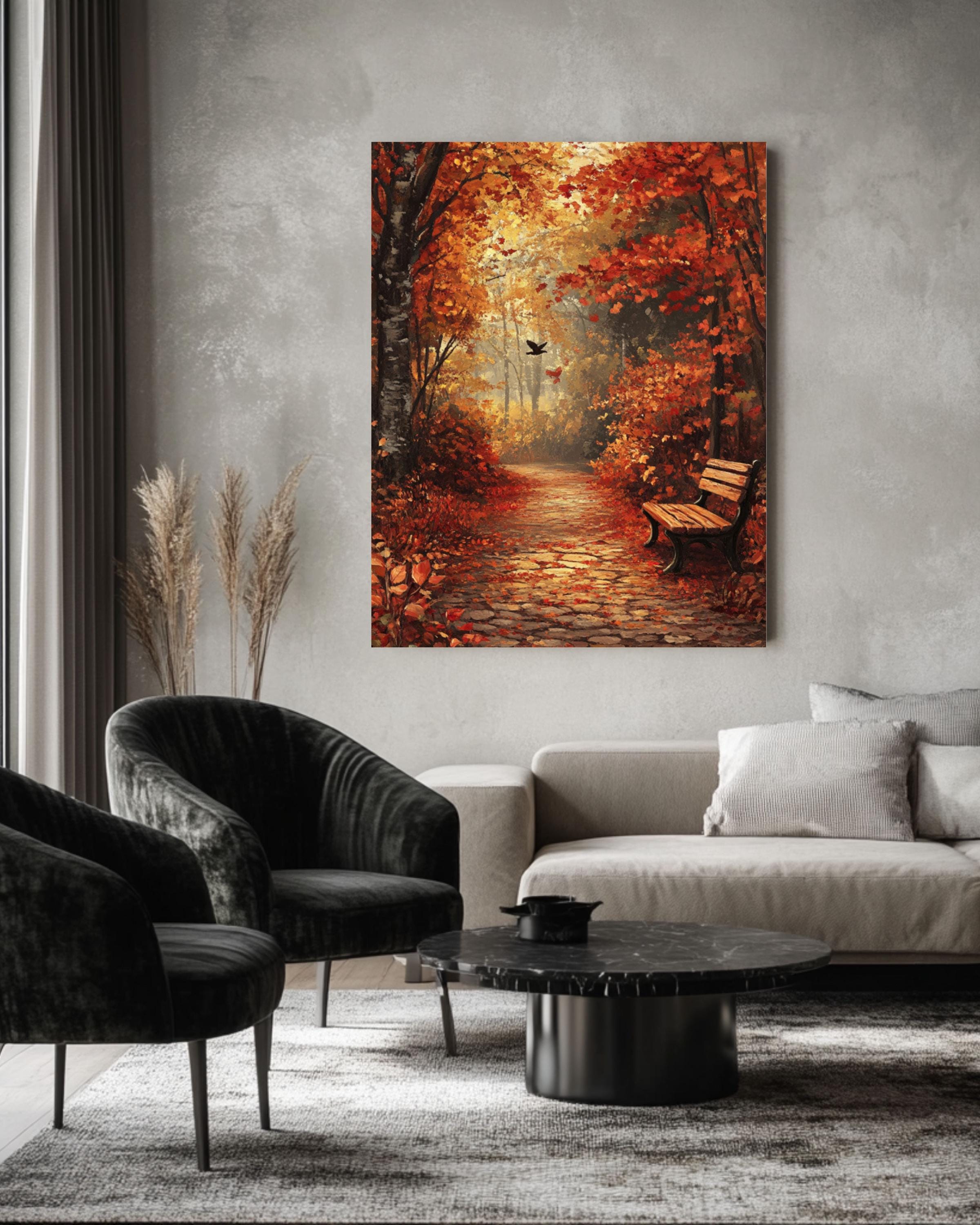 Rustic Autumn Forest Print: Cobblestone Path, Fall Leaves Canvas Wall Art Print – Premium Home Decor
