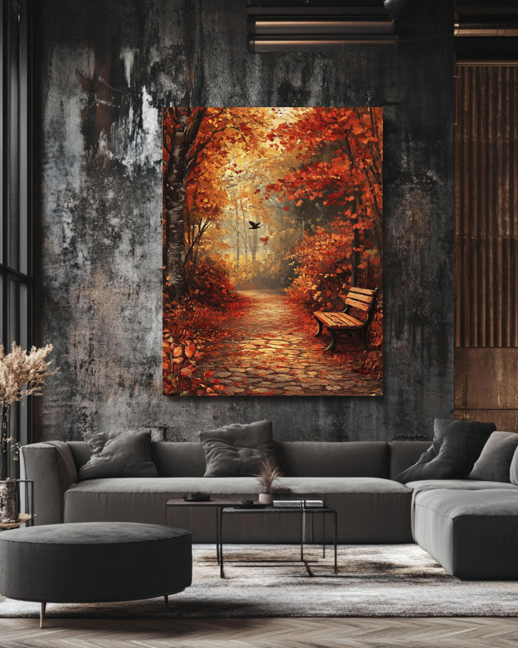 Rustic Autumn Forest Print: Cobblestone Path, Fall Leaves Canvas Wall Art Print – Premium Home Decor