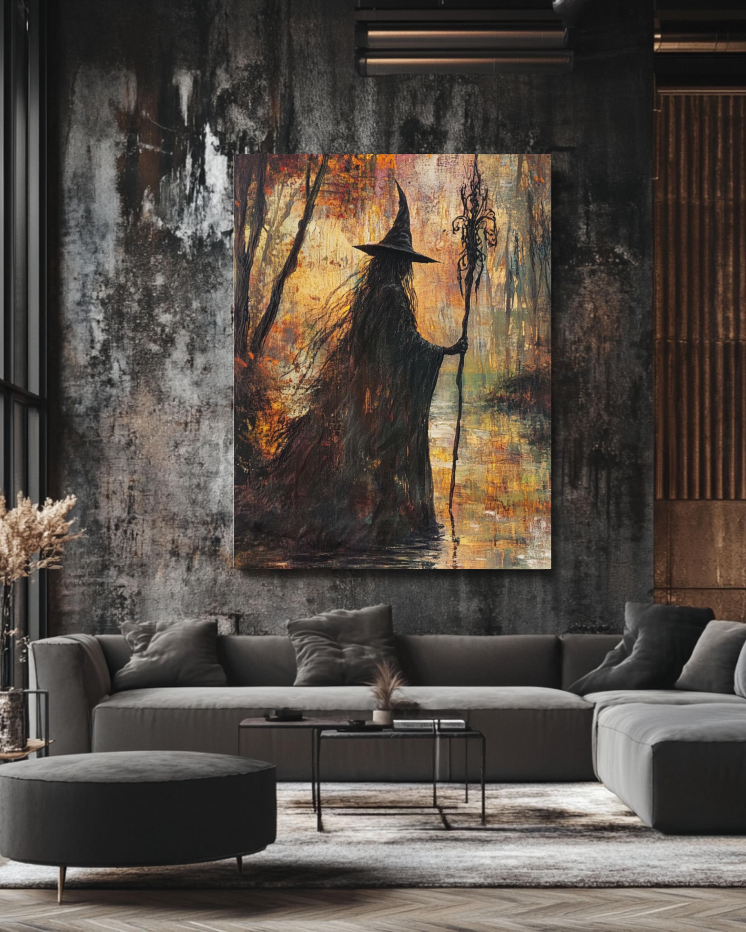 Autumn Witch River Art: Fantasy Magic Scene, Fall Decor Canvas Wall Art Print – Premium Home Decor