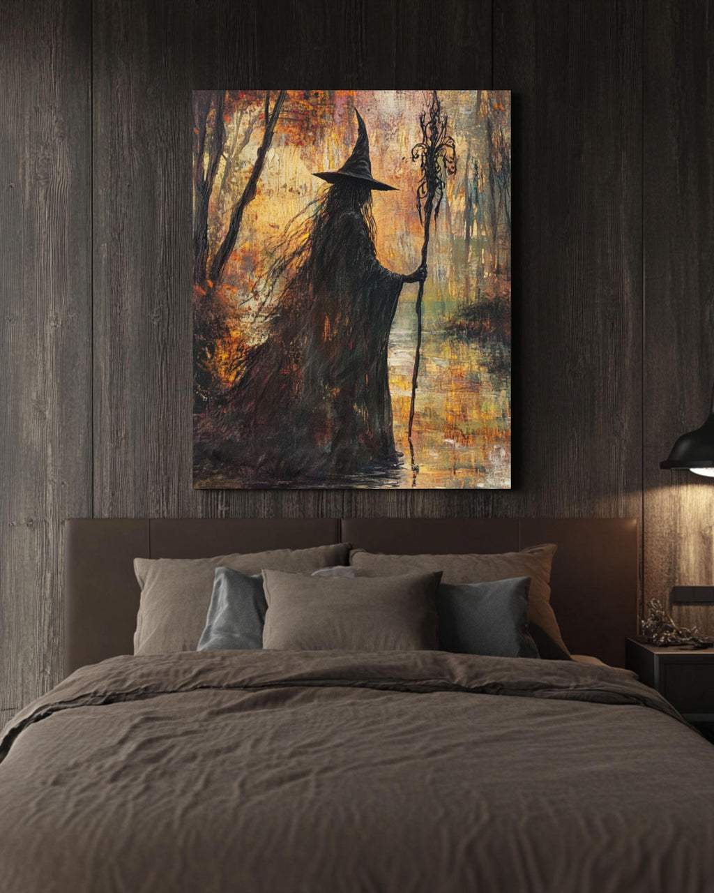 Autumn Witch River Art: Fantasy Magic Scene, Fall Decor Canvas Wall Art Print – Premium Home Decor