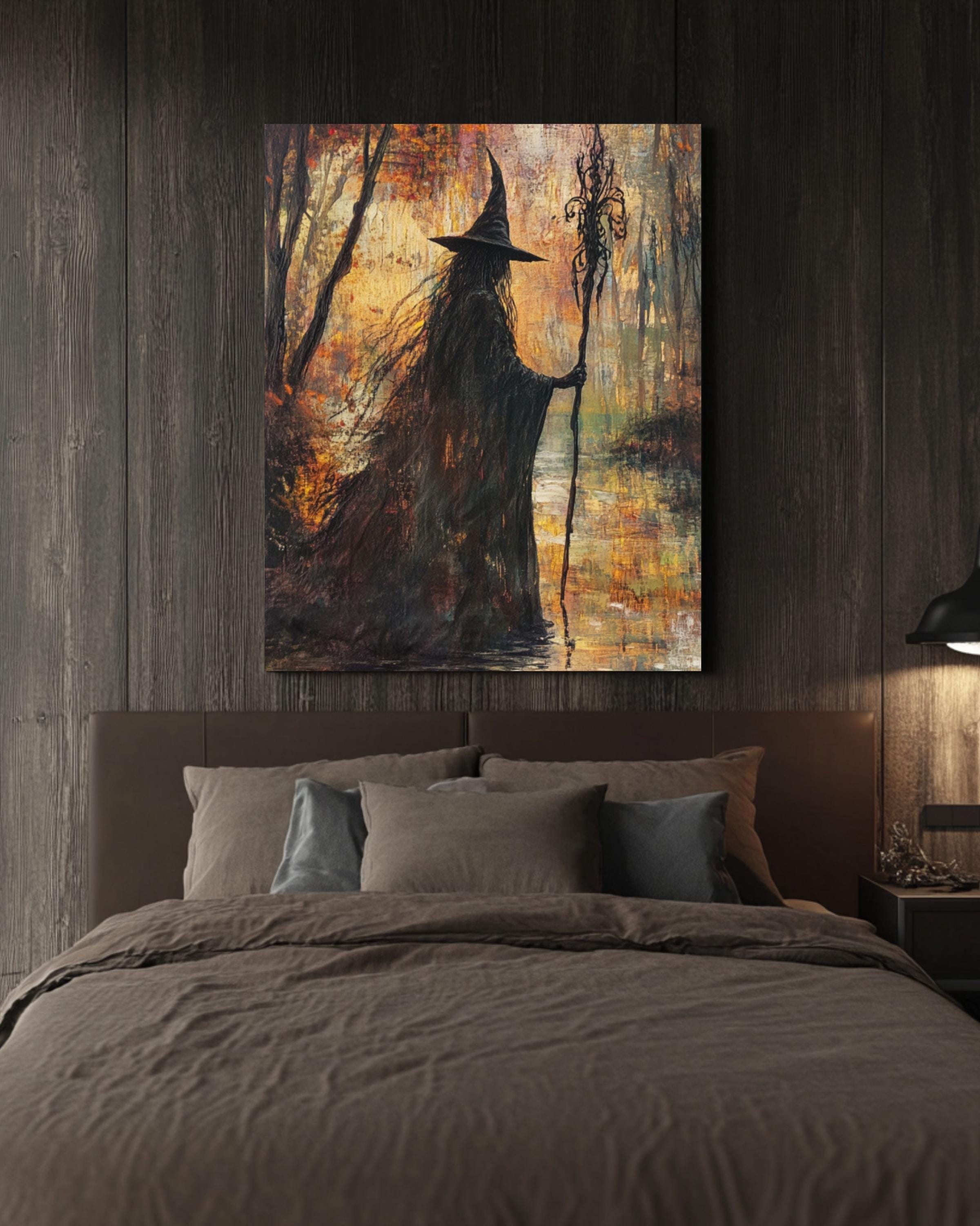 Autumn Witch River Art: Fantasy Magic Scene, Fall Decor Canvas Wall Art Print – Premium Home Decor