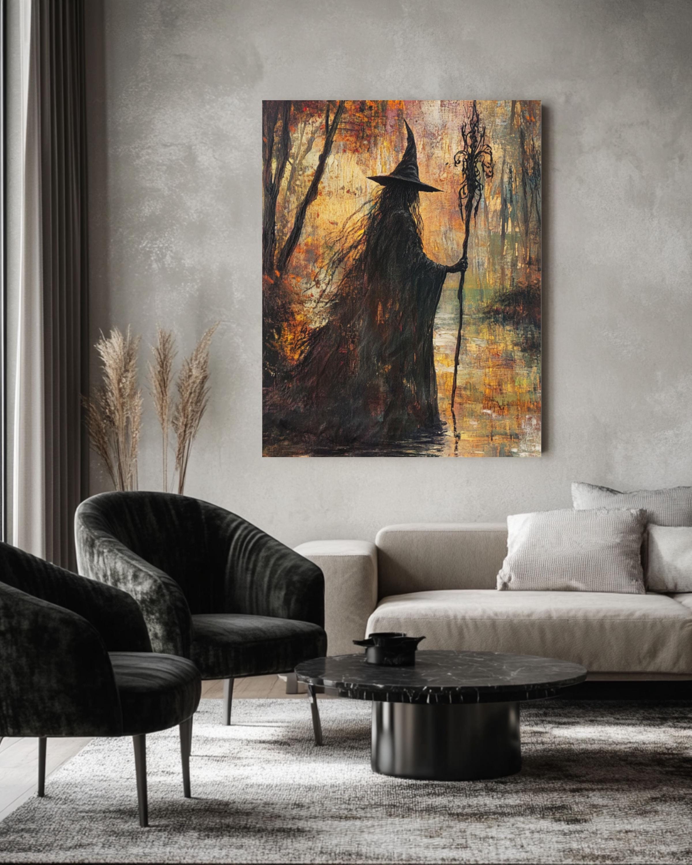 Autumn Witch River Art: Fantasy Magic Scene, Fall Decor Canvas Wall Art Print – Premium Home Decor