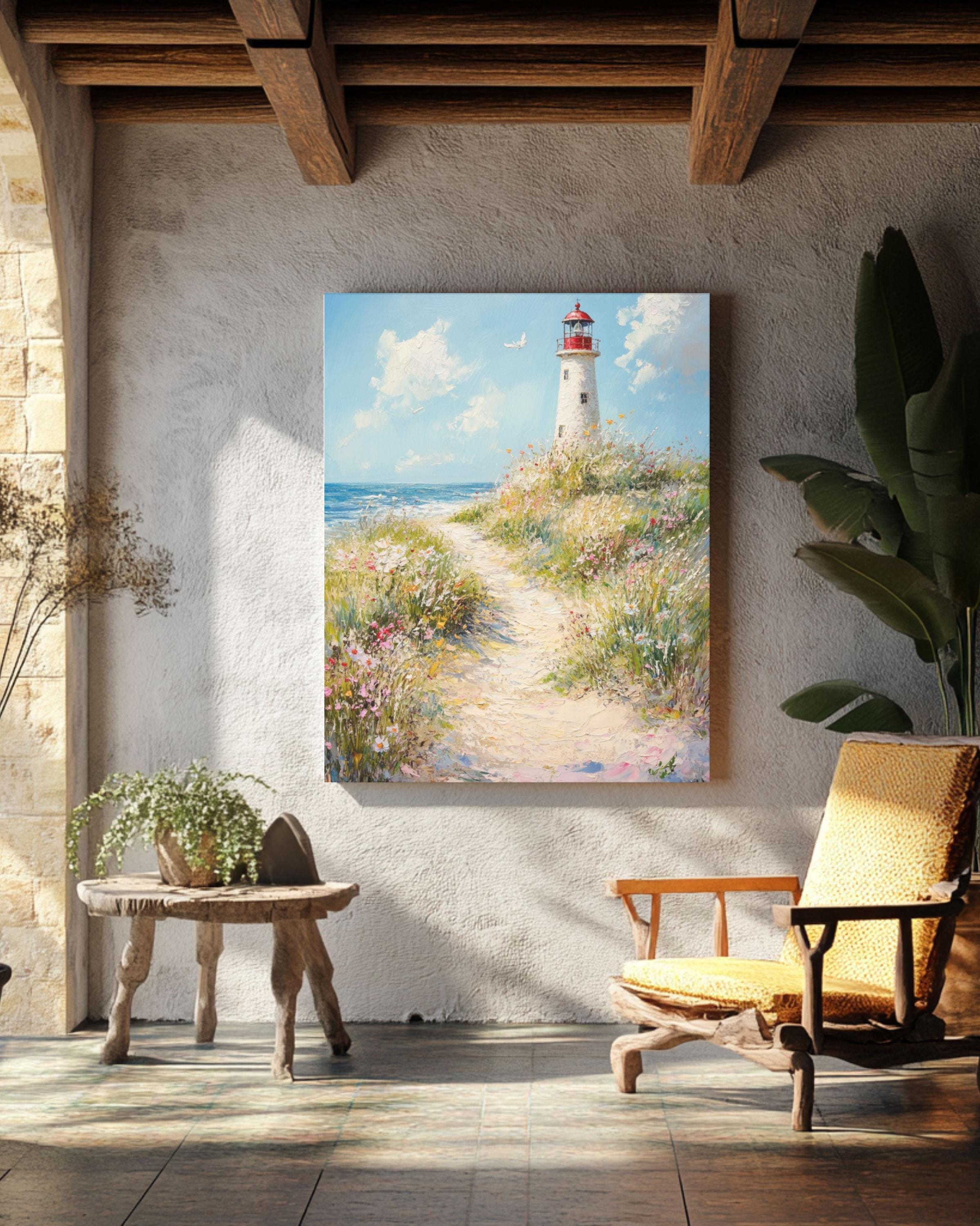Coastal Lighthouse Print: Seaside Dune Path, Beach Landscape Canvas Wall Art Print – Premium Home Decor