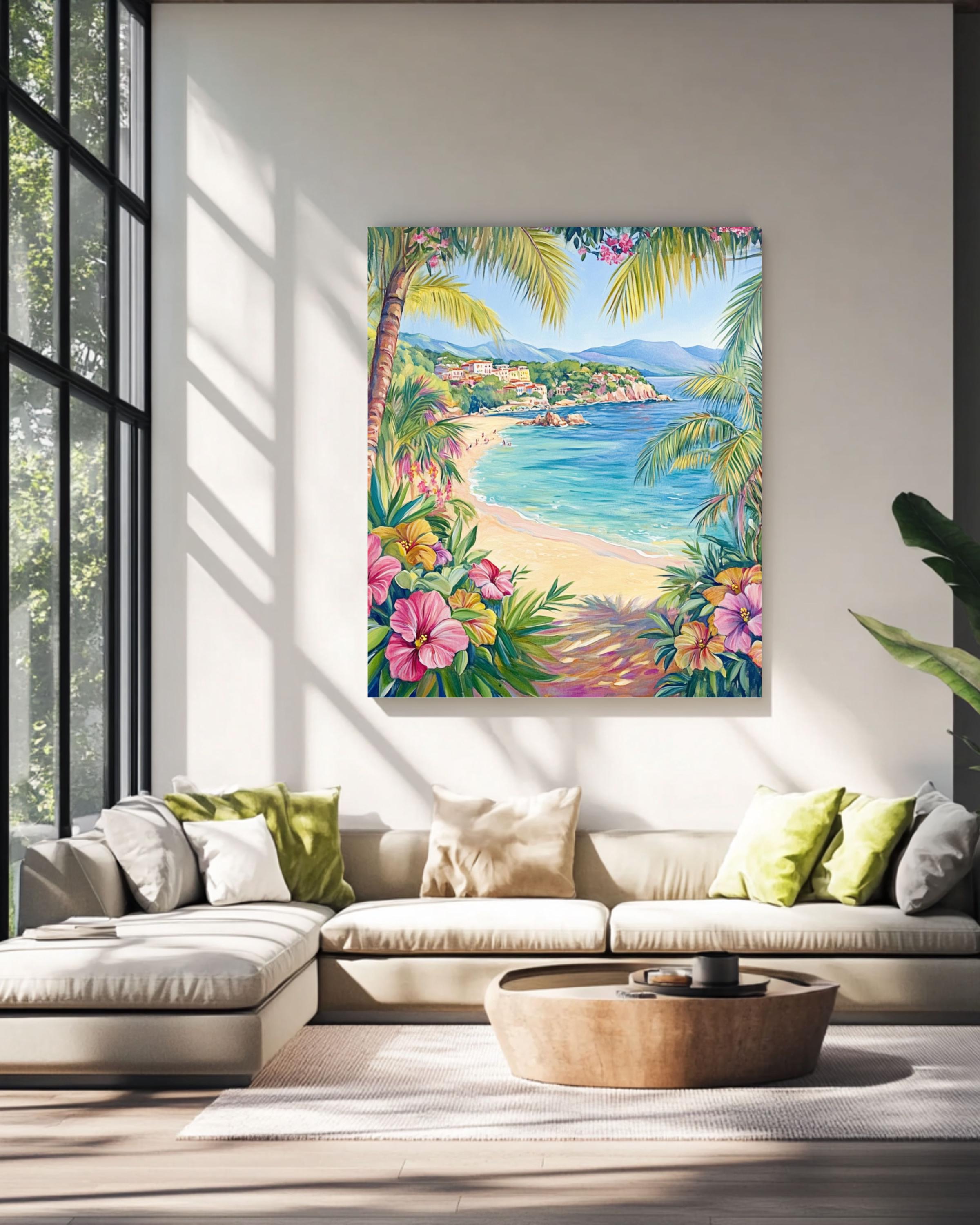 St. Tropez Beach Print: Tropical Hibiscus Flowers, Palm Trees, Crystal Waters Canvas Wall Art Print – Premium Home Decor