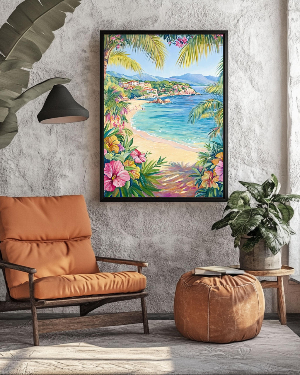 St. Tropez Beach Print: Tropical Hibiscus Flowers, Palm Trees, Crystal Waters Canvas Wall Art Print – Premium Home Decor