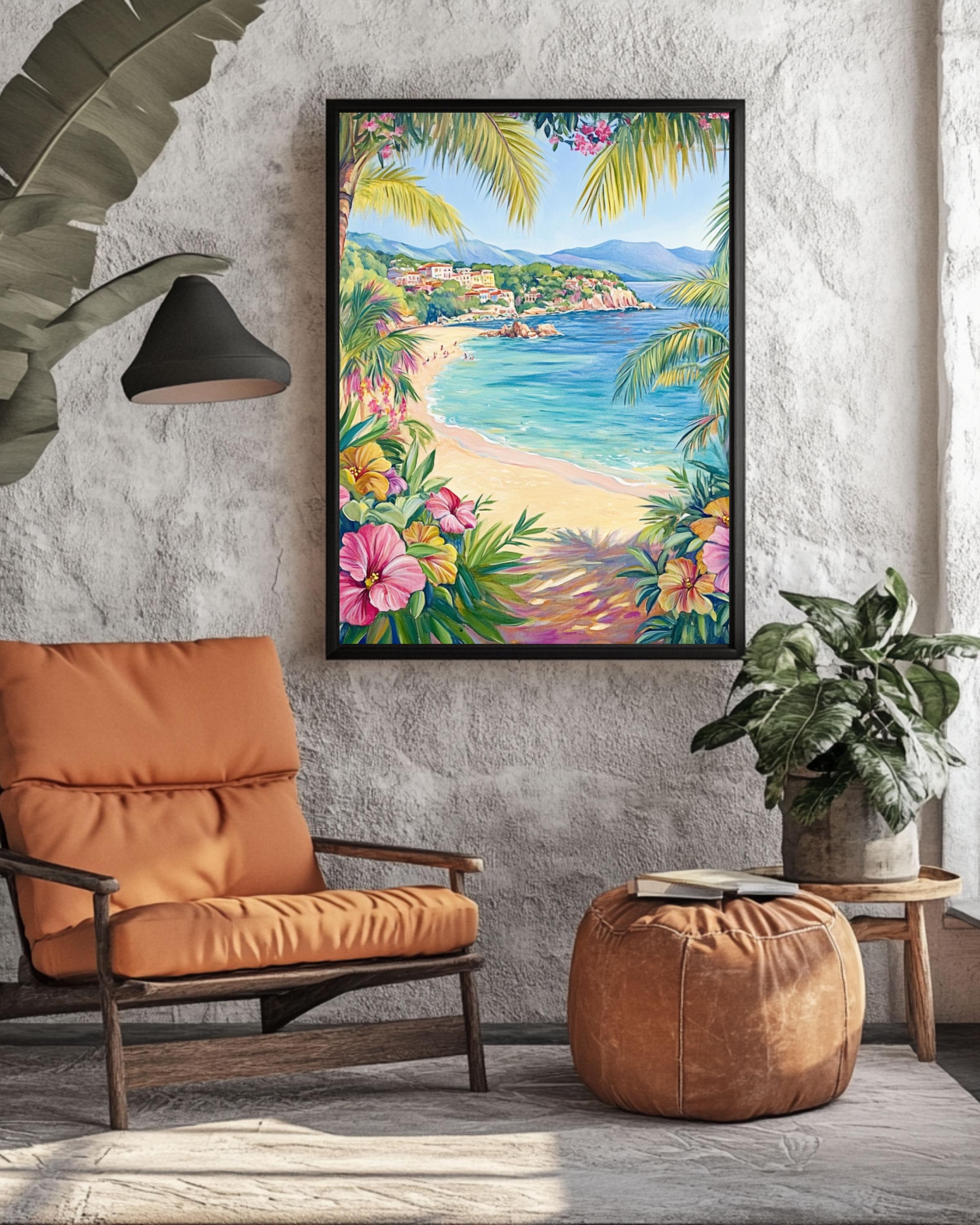 St. Tropez Beach Print: Tropical Hibiscus Flowers, Palm Trees, Crystal Waters Canvas Wall Art Print – Premium Home Decor
