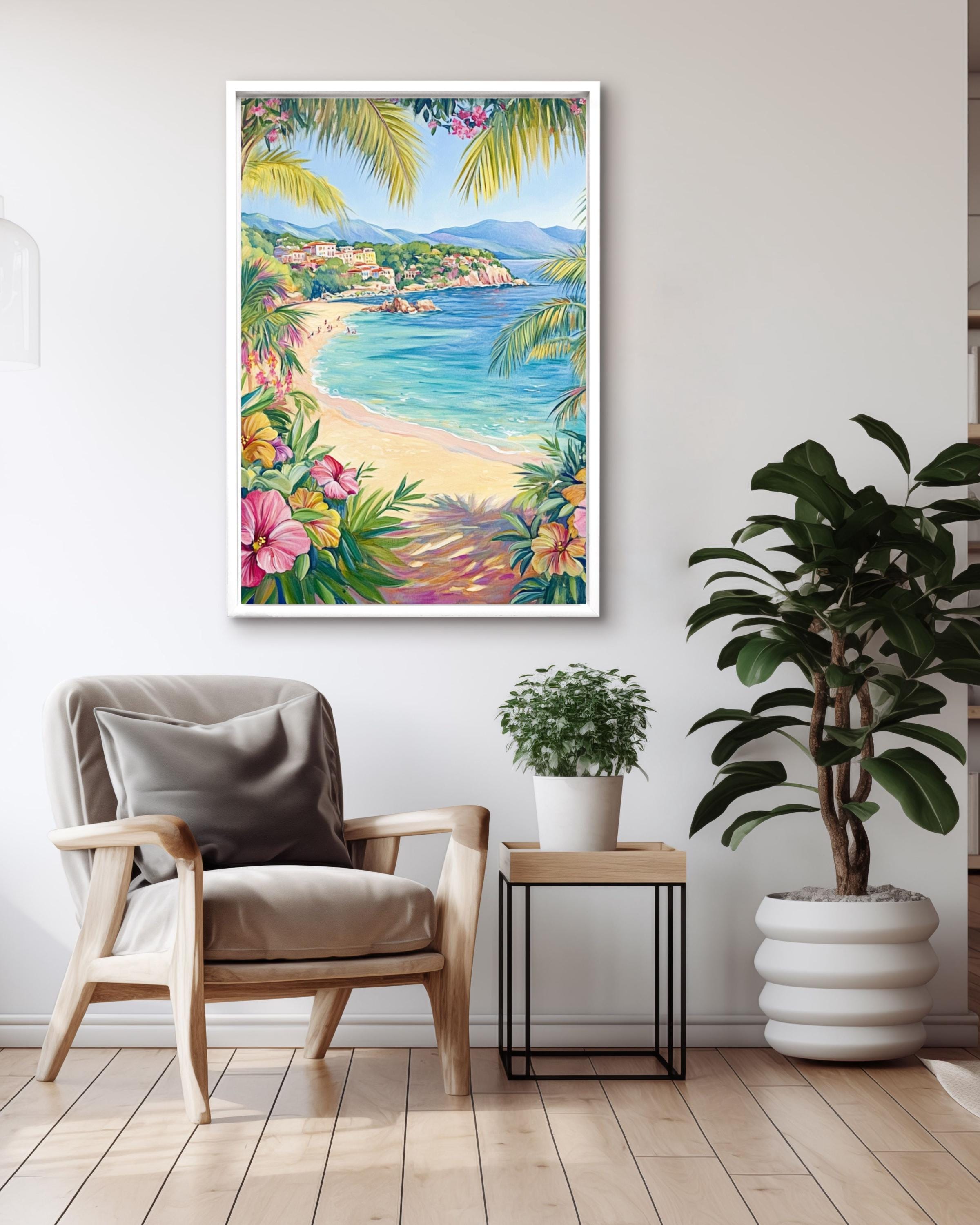 St. Tropez Beach Print: Tropical Hibiscus Flowers, Palm Trees, Crystal Waters Canvas Wall Art Print – Premium Home Decor