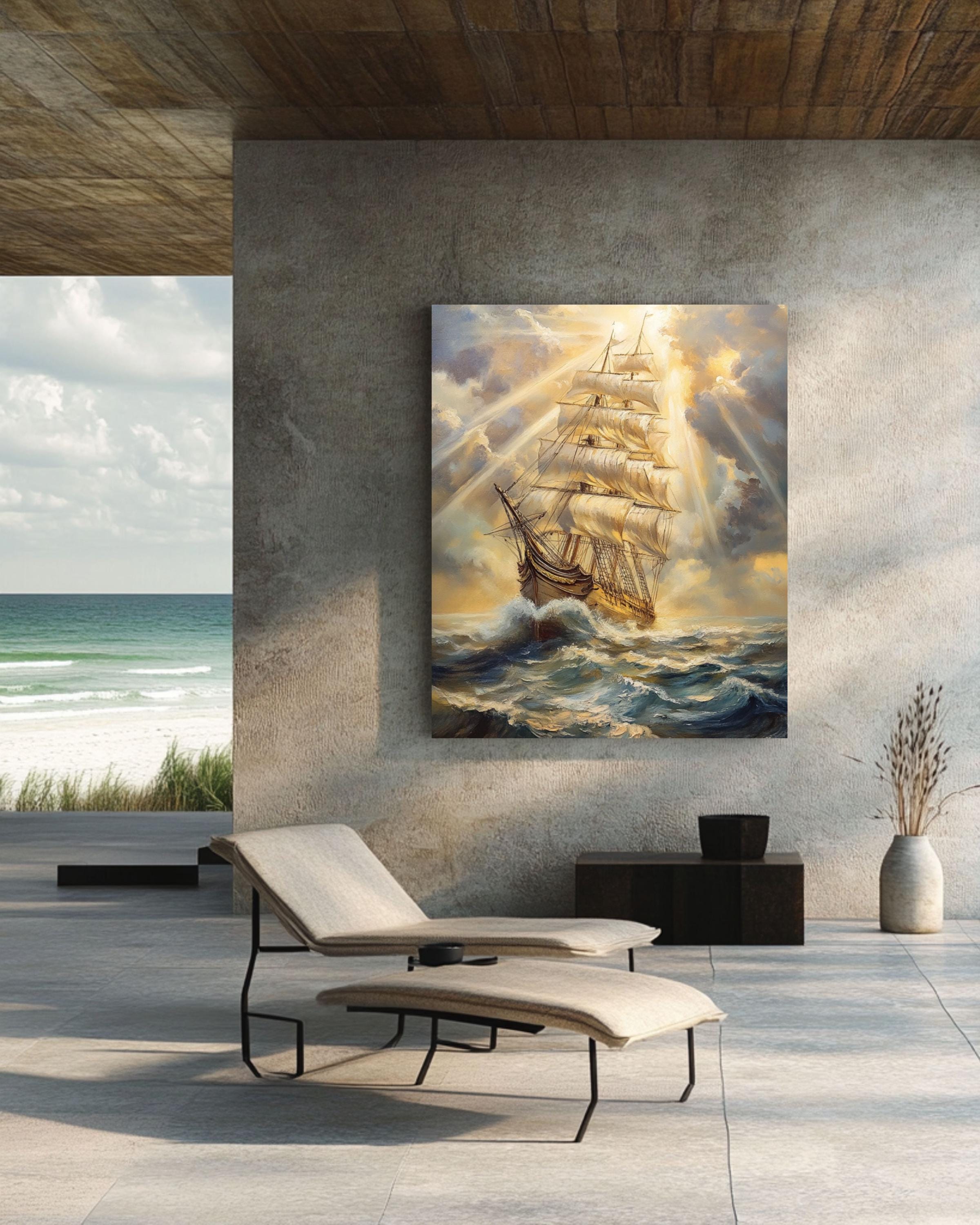 Vintage Sailing Ship Print: Stormy Sea Nautical Canvas Art Canvas Wall Art – Modern Decor Print
