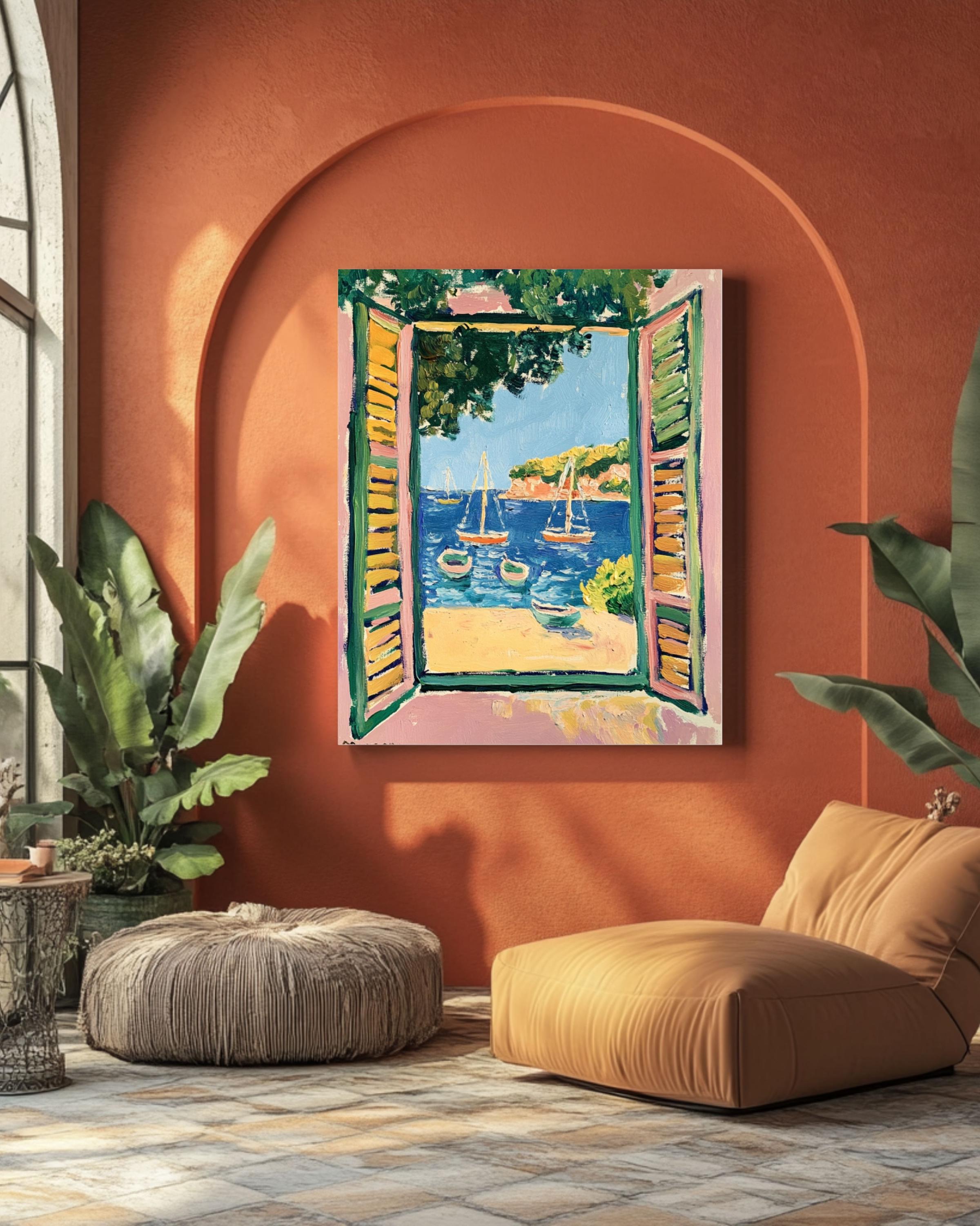 Matisse Style Coastal Print: Fauvist Open Window with Boats Canvas Wall Art – Modern Decor Print