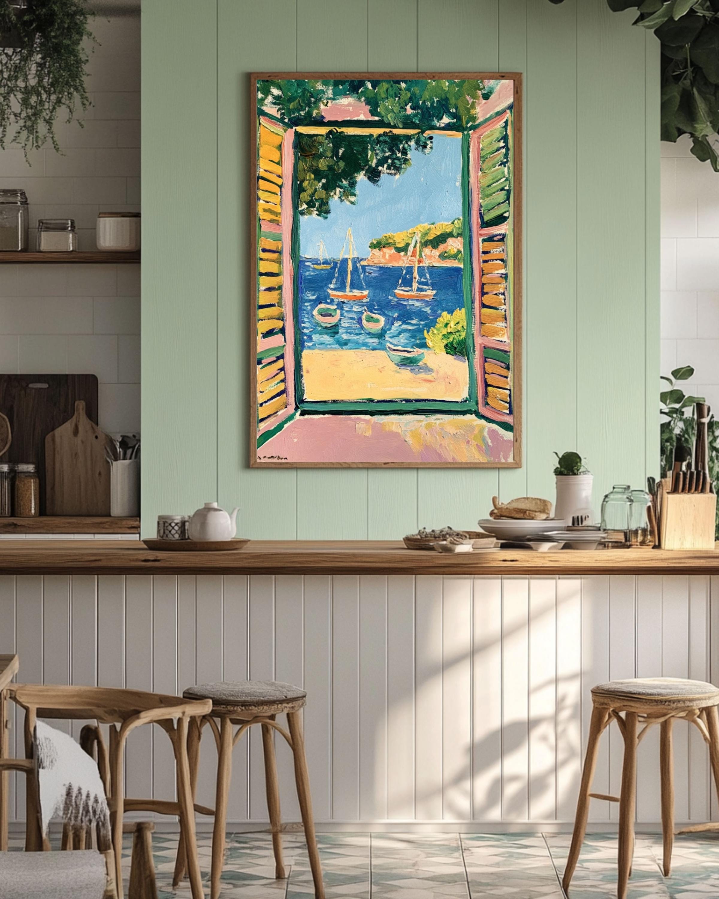 Matisse Style Coastal Print: Fauvist Open Window with Boats Canvas Wall Art – Modern Decor Print