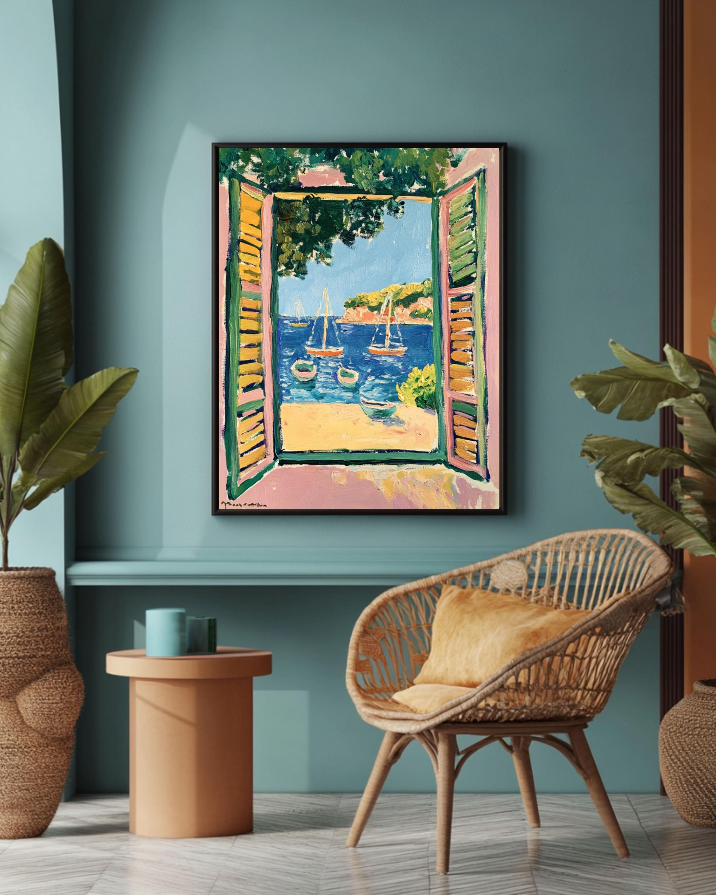 Matisse Style Coastal Print: Fauvist Open Window with Boats Canvas Wall Art – Modern Decor Print
