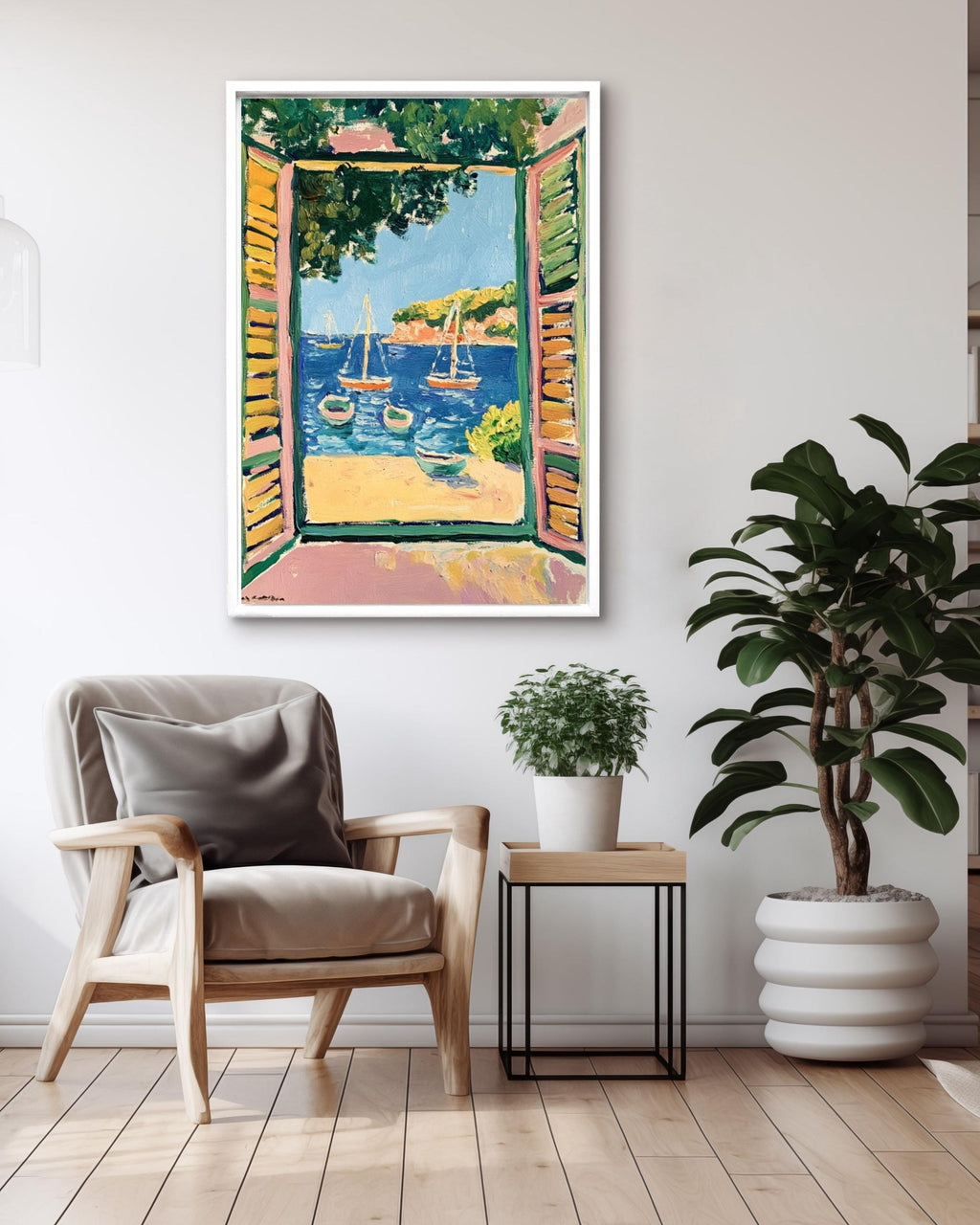 Matisse Style Coastal Print: Fauvist Open Window with Boats Canvas Wall Art – Modern Decor Print