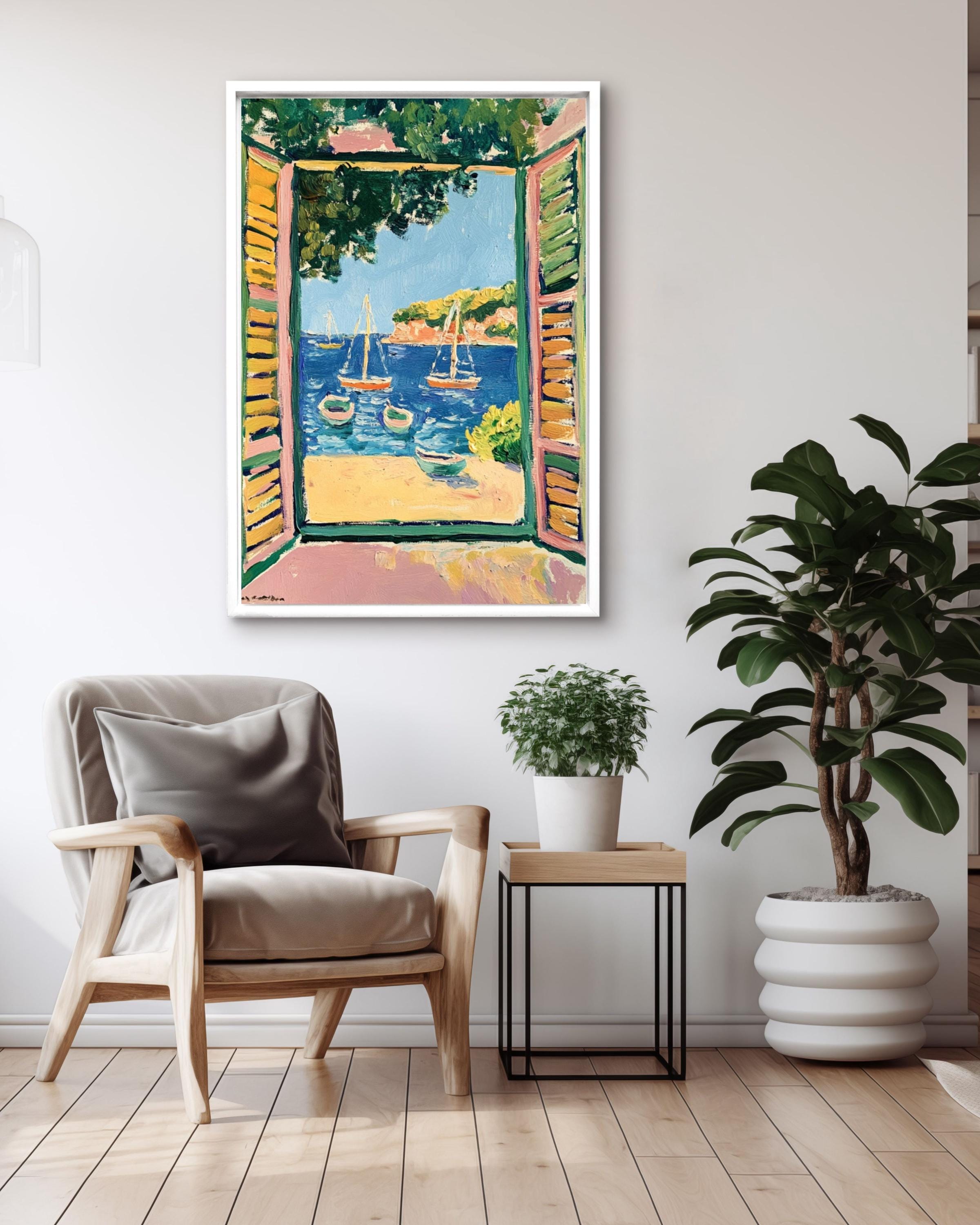 Matisse Style Coastal Print: Fauvist Open Window with Boats Canvas Wall Art – Modern Decor Print