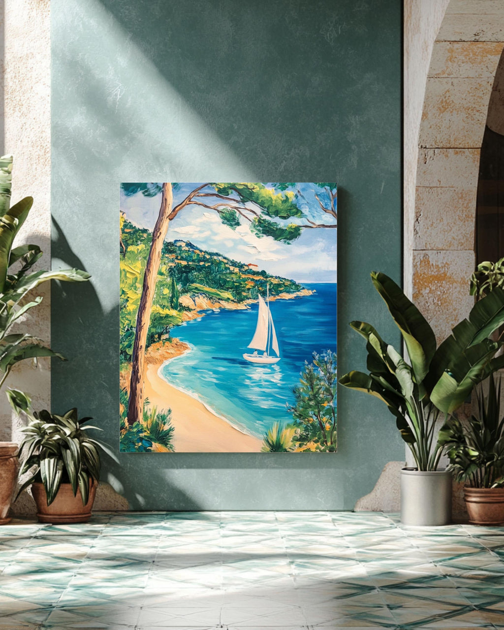 French Riviera Sailboat Print: Matisse Style Coastal Art, Turquoise Sea Canvas Wall Art – Modern Decor Print