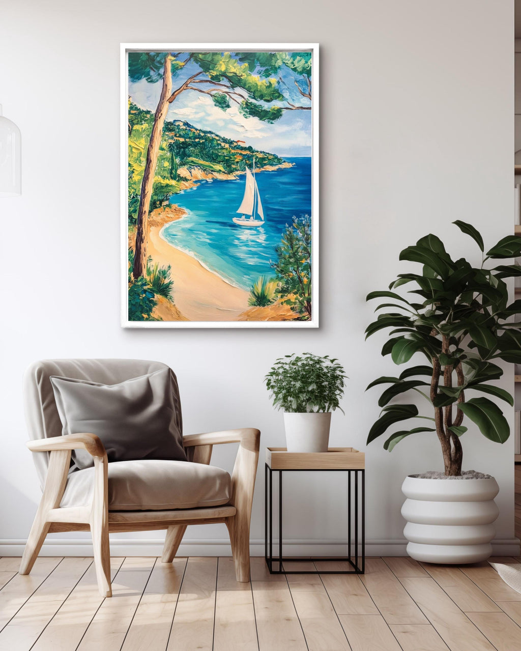 French Riviera Sailboat Print: Matisse Style Coastal Art, Turquoise Sea Canvas Wall Art – Modern Decor Print