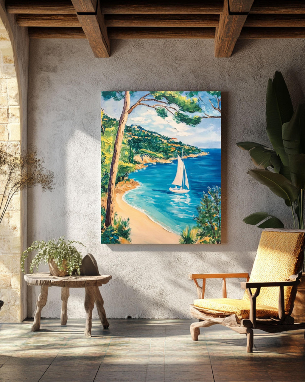French Riviera Sailboat Print: Matisse Style Coastal Art, Turquoise Sea Canvas Wall Art – Modern Decor Print