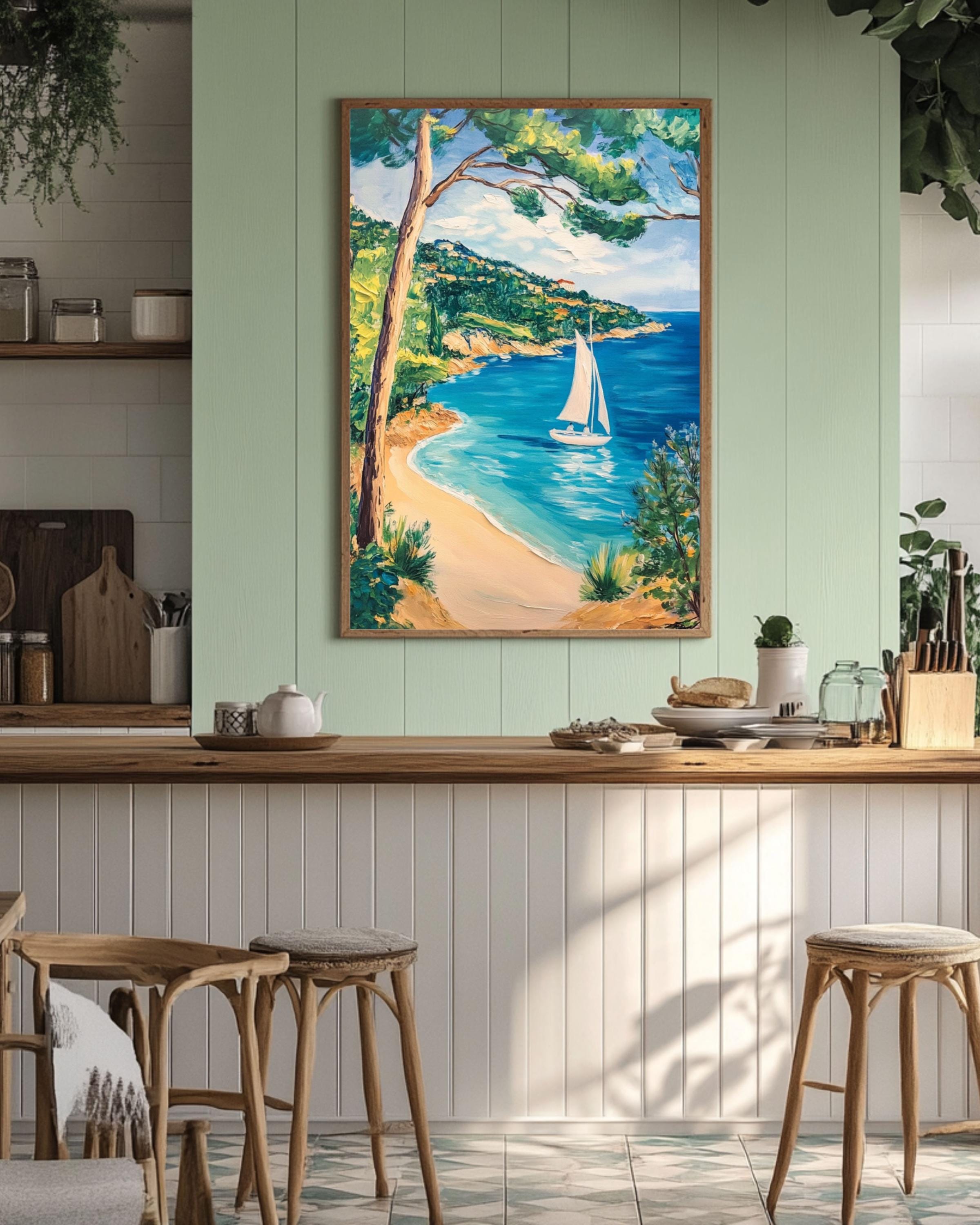 French Riviera Sailboat Print: Matisse Style Coastal Art, Turquoise Sea Canvas Wall Art – Modern Decor Print