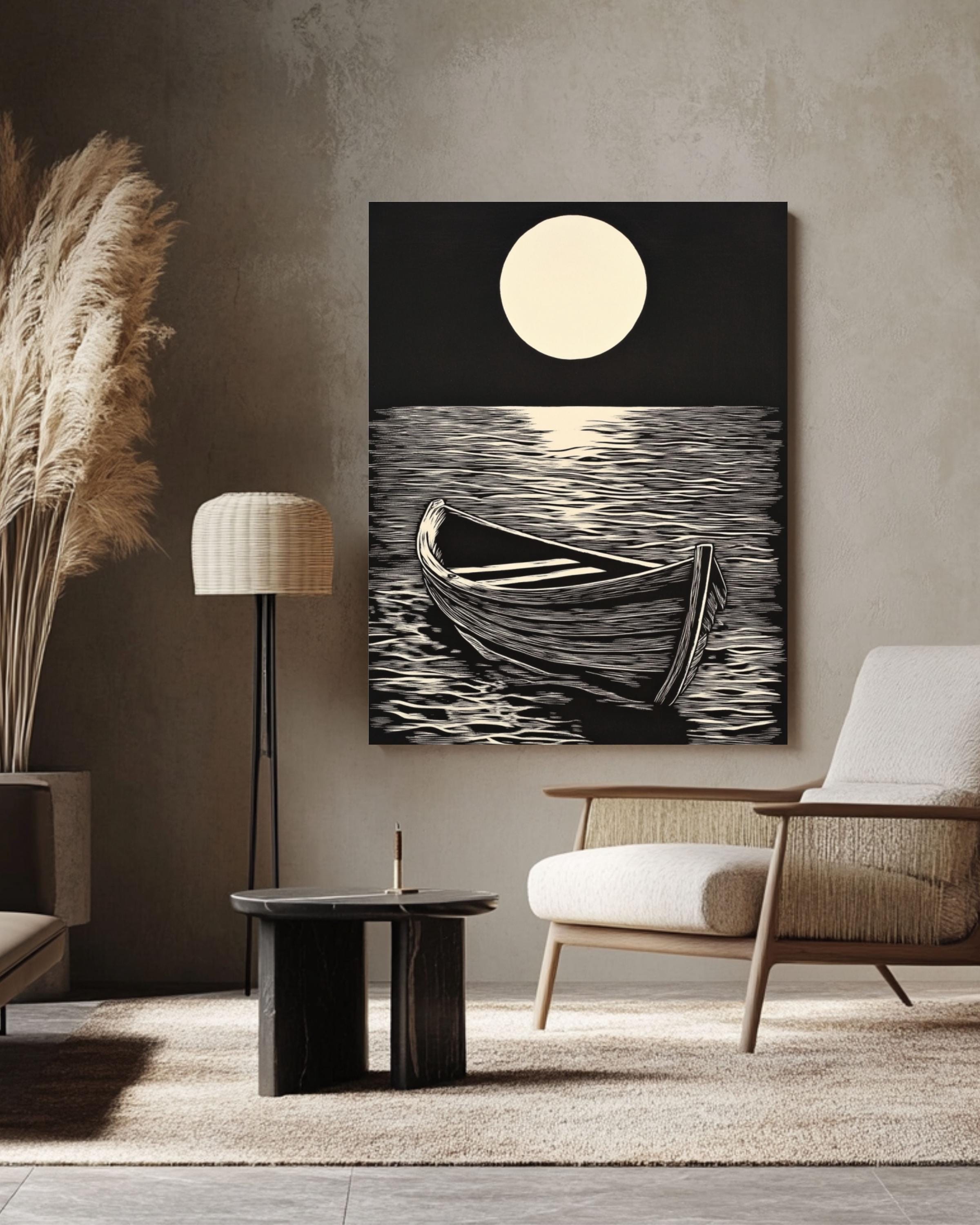 Linocut Boat Print: Vintage Nautical Seascape Art Canvas Wall Art – Modern Decor Print