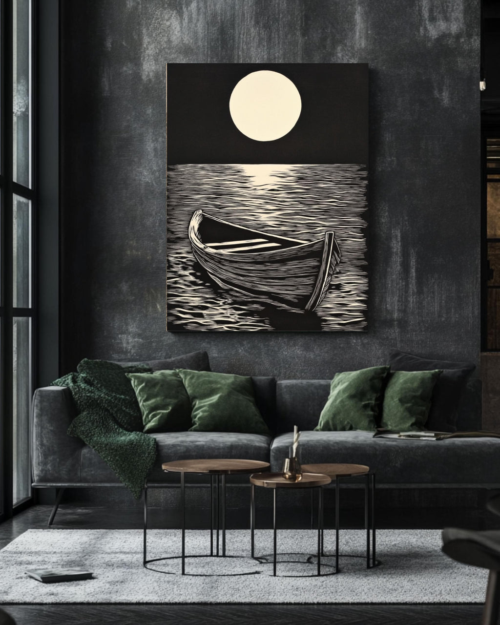 Linocut Boat Print: Vintage Nautical Seascape Art Canvas Wall Art – Modern Decor Print