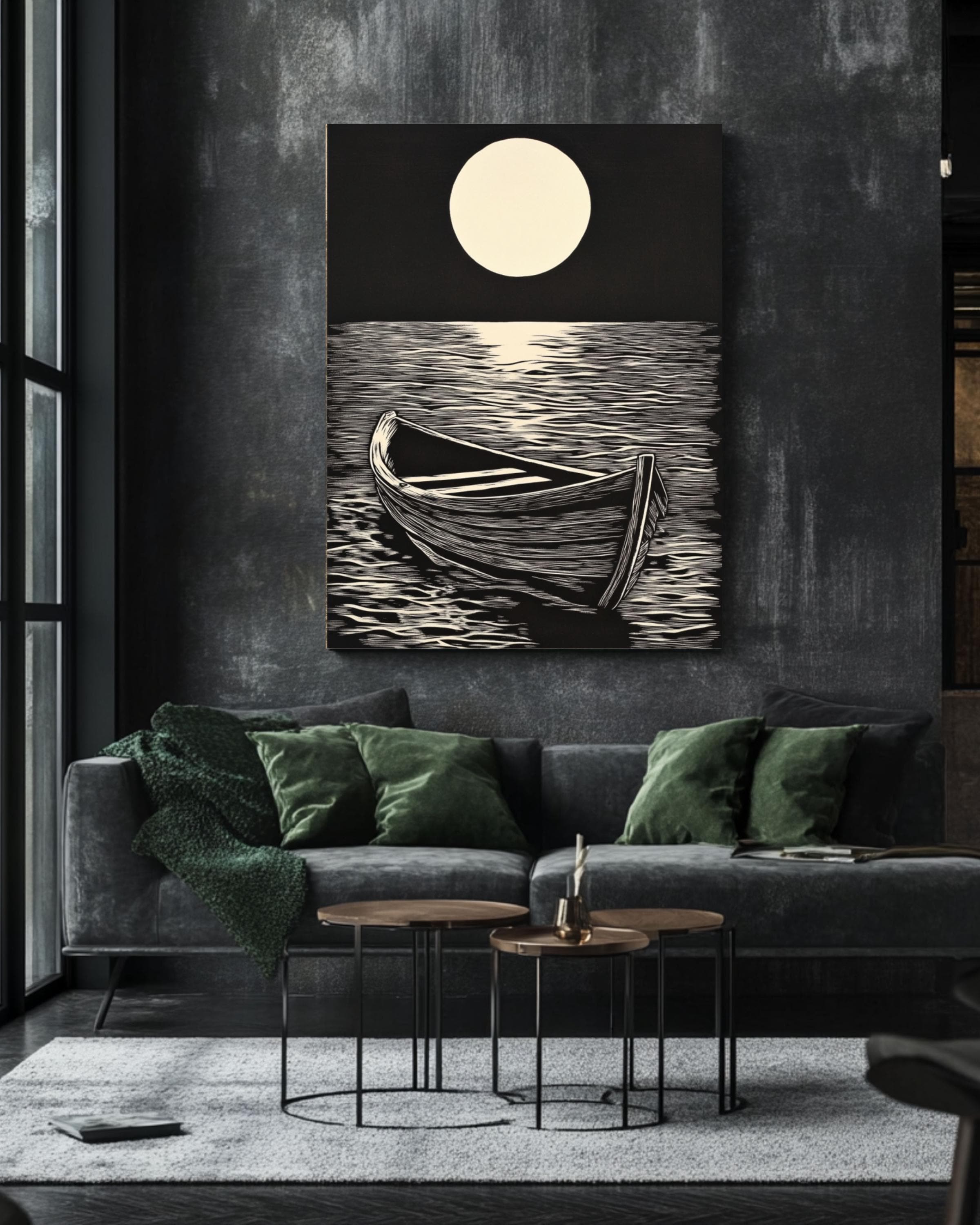 Linocut Boat Print: Vintage Nautical Seascape Art Canvas Wall Art – Modern Decor Print