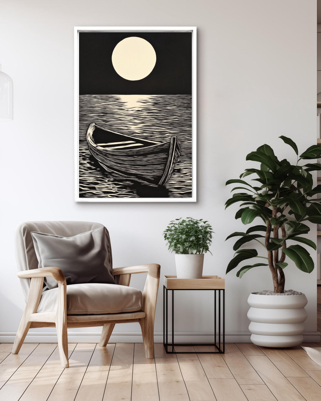 Linocut Boat Print: Vintage Nautical Seascape Art Canvas Wall Art – Modern Decor Print
