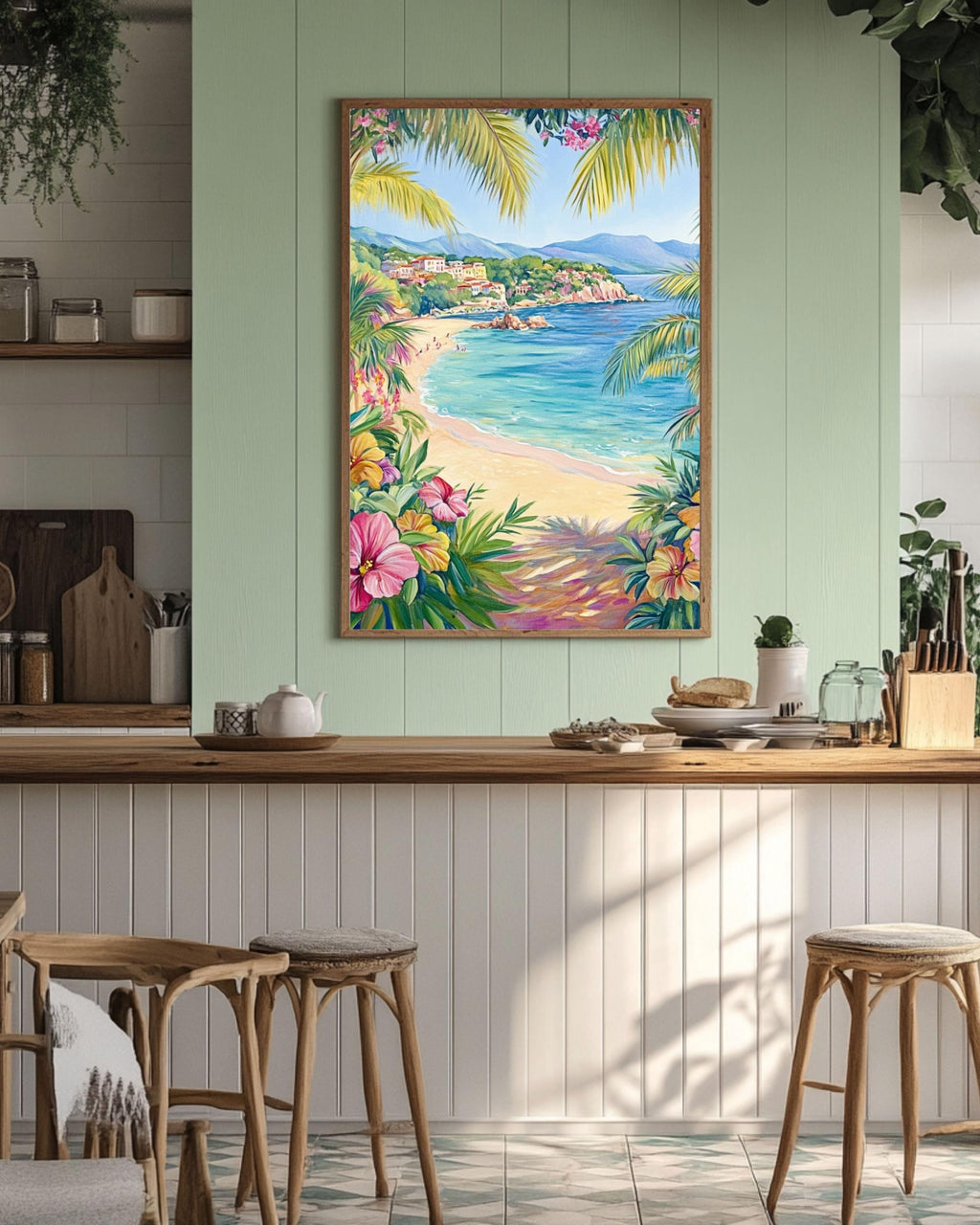 St. Tropez Beach Print: Tropical Hibiscus Flowers, Palm Trees, Crystal Waters Canvas Wall Art Print – Premium Home Decor