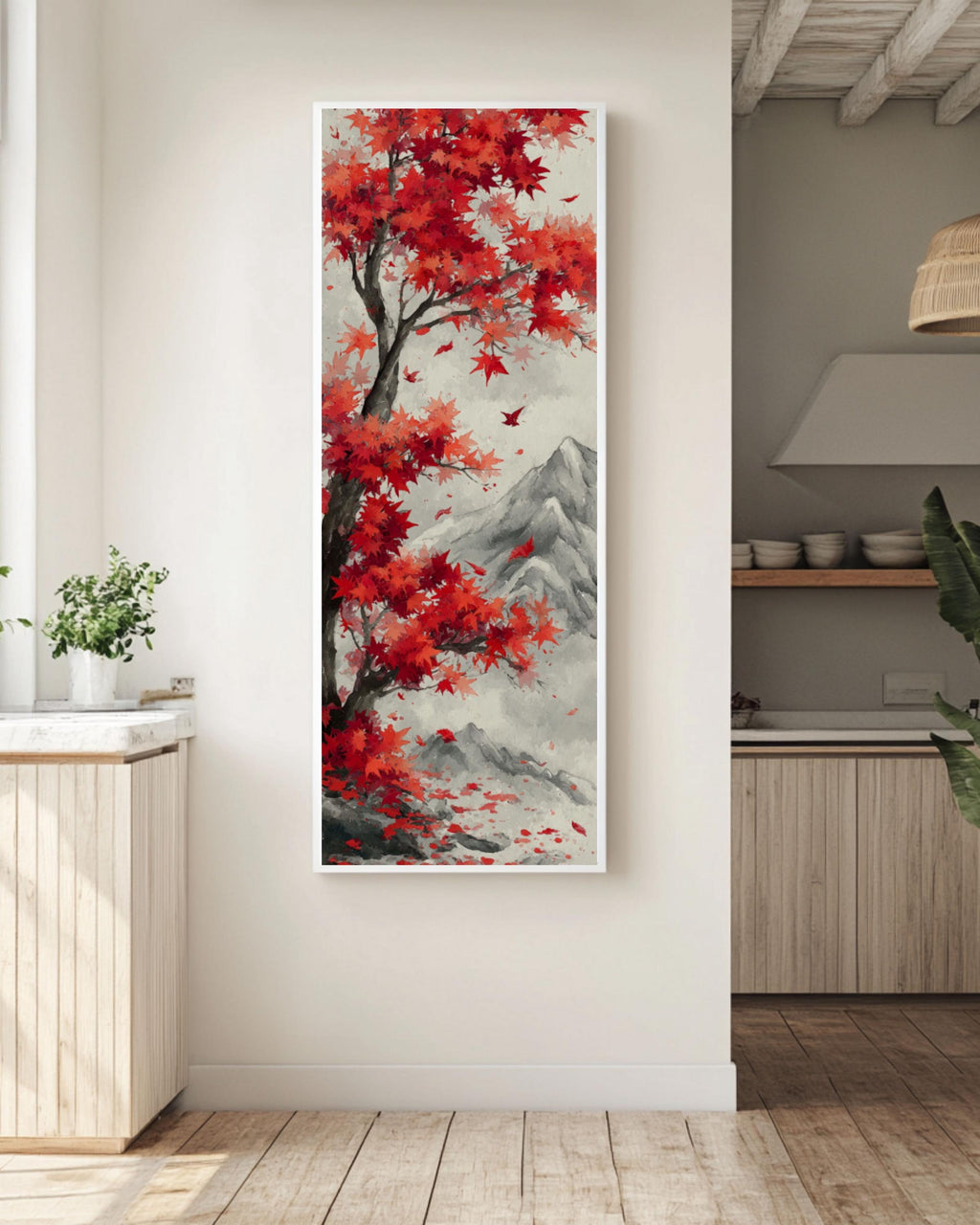 Red Maple Tree Asian Art Print: Autumn Landscape Wall Decor Canvas Wall Art – Modern Decor Print