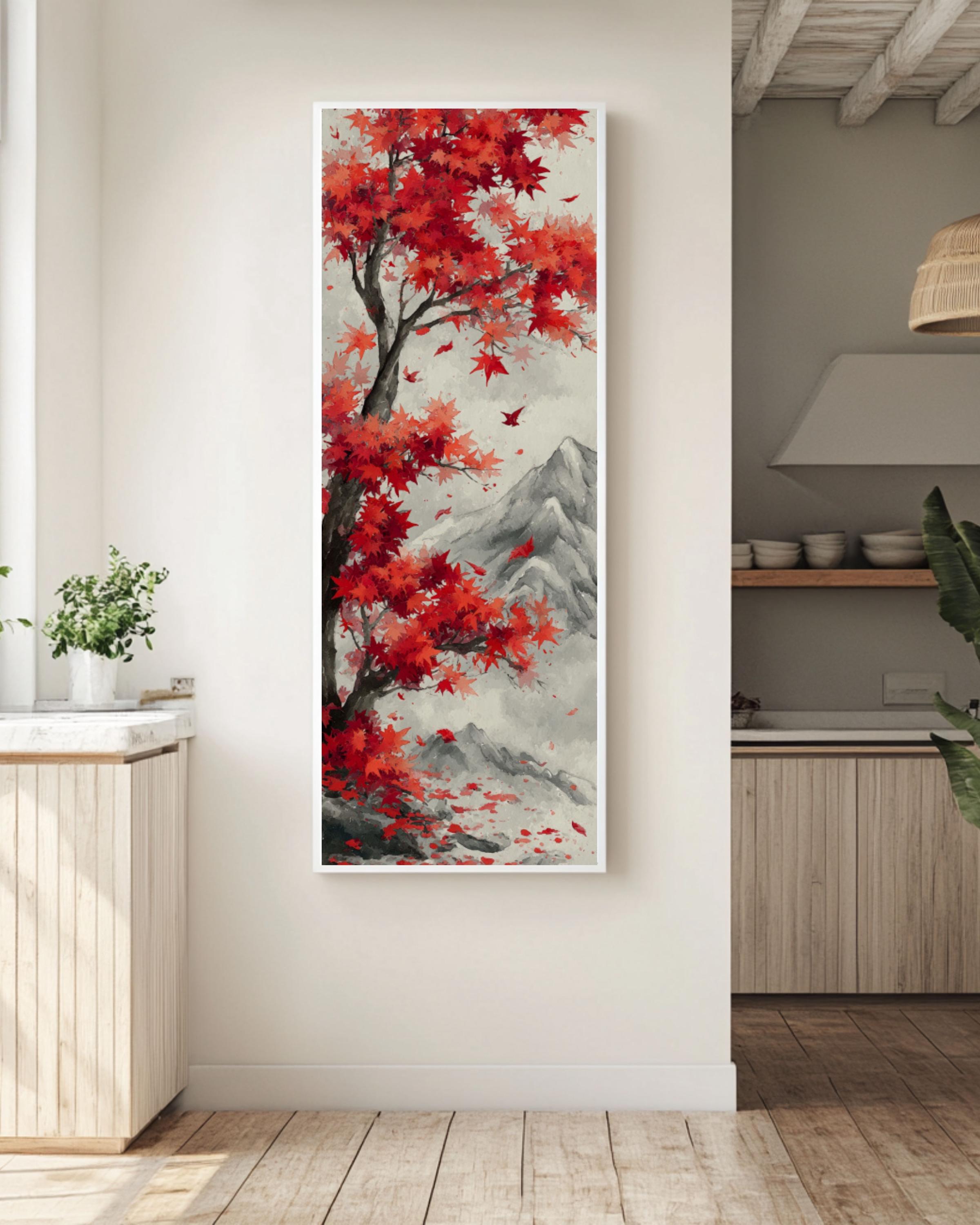 Red Maple Tree Asian Art Print: Autumn Landscape Wall Decor Canvas Wall Art – Modern Decor Print