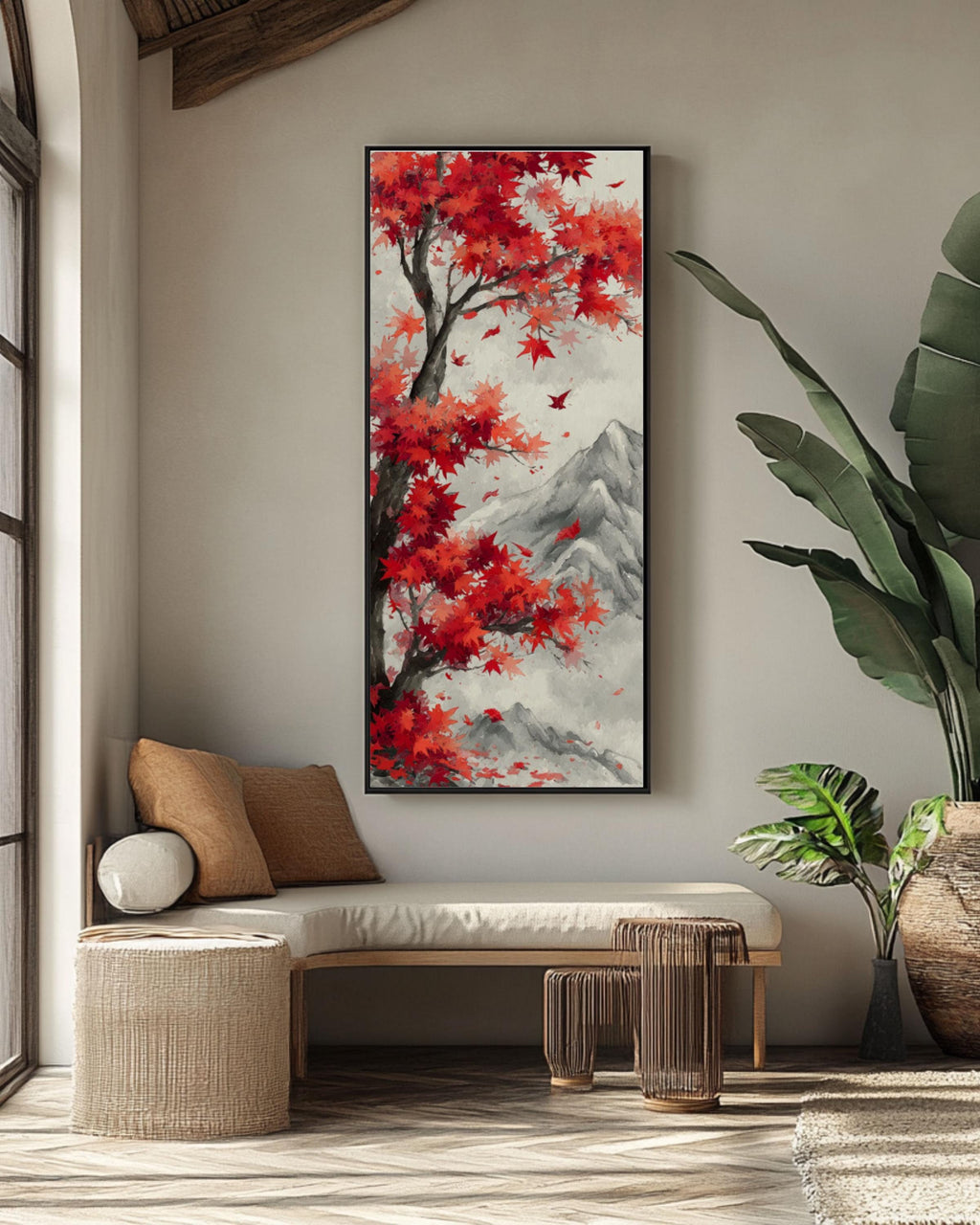Red Maple Tree Asian Art Print: Autumn Landscape Wall Decor Canvas Wall Art – Modern Decor Print