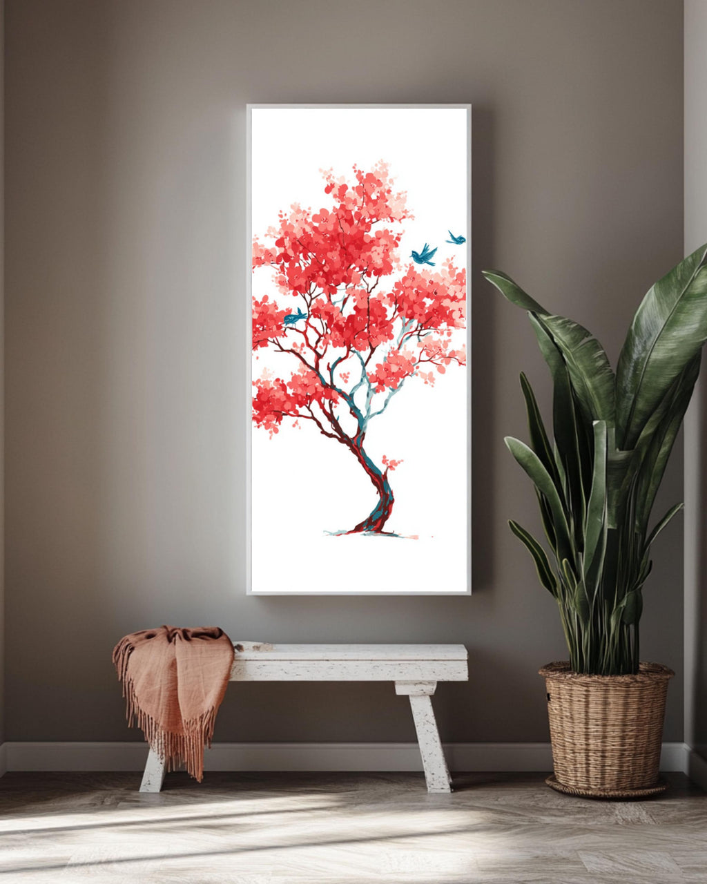Matisse-Inspired Cherry Blossom Print: Minimalist Red Tree & Blue Birds Canvas Wall Art – Modern Decor Print