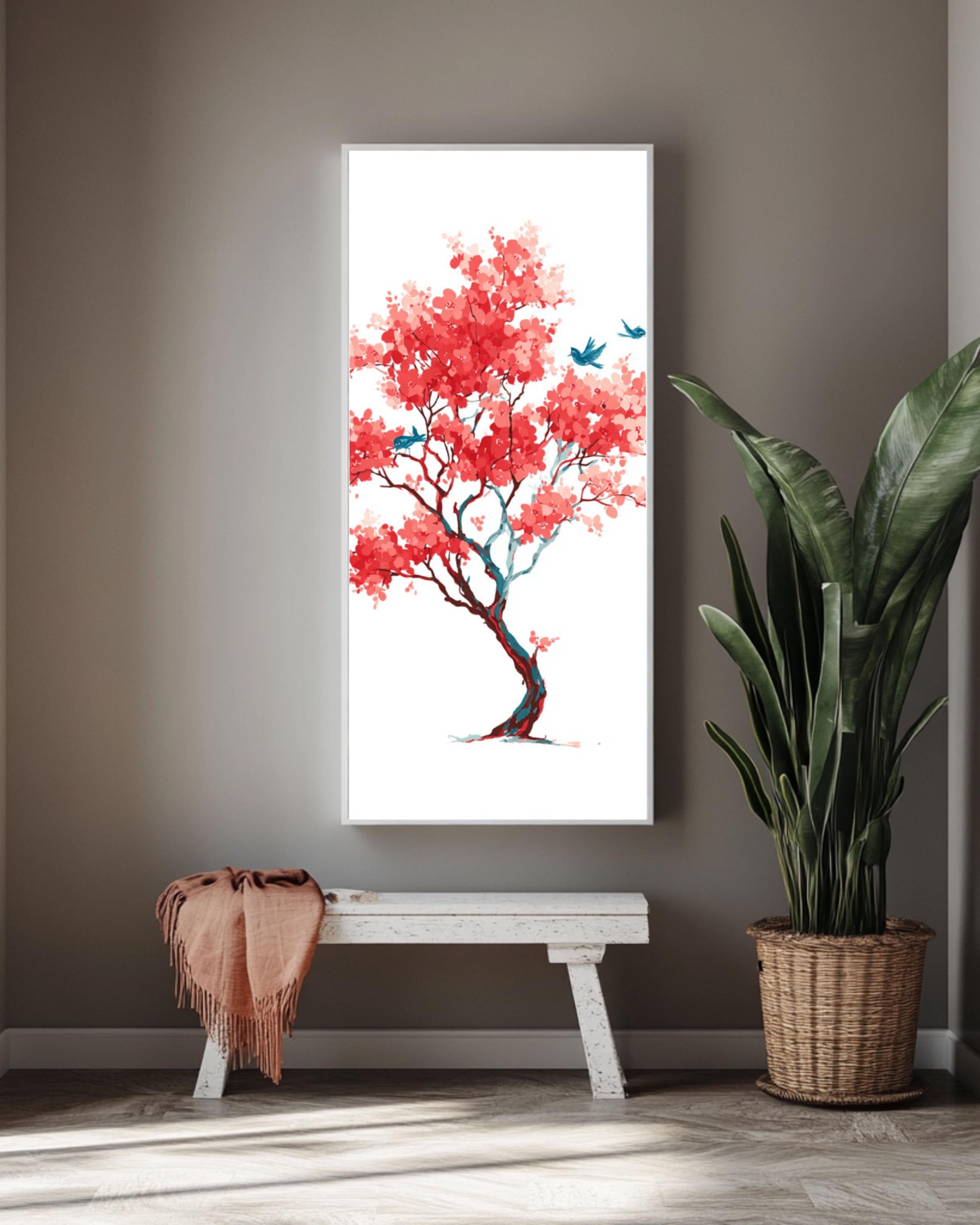 Matisse-Inspired Cherry Blossom Print: Minimalist Red Tree & Blue Birds Canvas Wall Art – Modern Decor Print