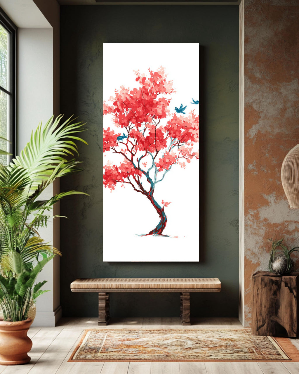Matisse-Inspired Cherry Blossom Print: Minimalist Red Tree & Blue Birds Canvas Wall Art – Modern Decor Print