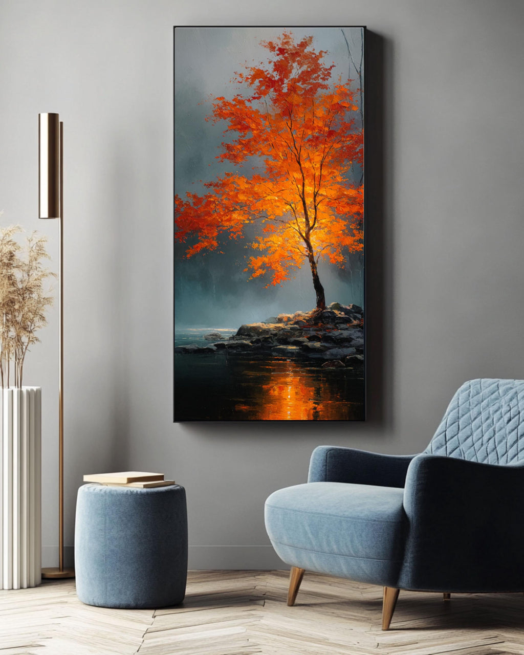 Majestic Autumn Tree Art: Moody Gothic Landscape, Fantasy Oil Painting Canvas Wall Art – Modern Decor Print