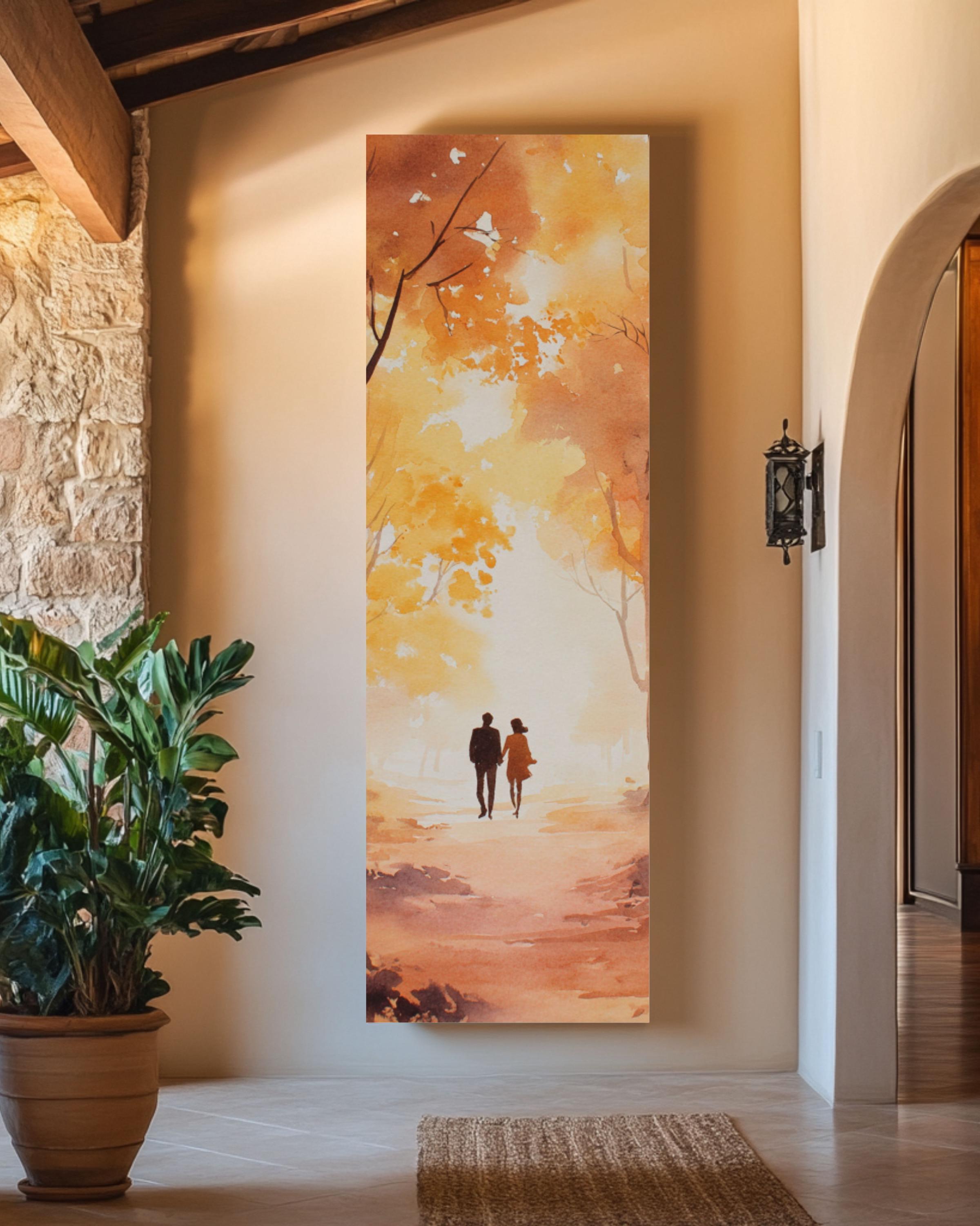 Autumn Couple Watercolor Art Print: Romantic Fall Forest Scene Canvas Wall Art – Modern Decor Print