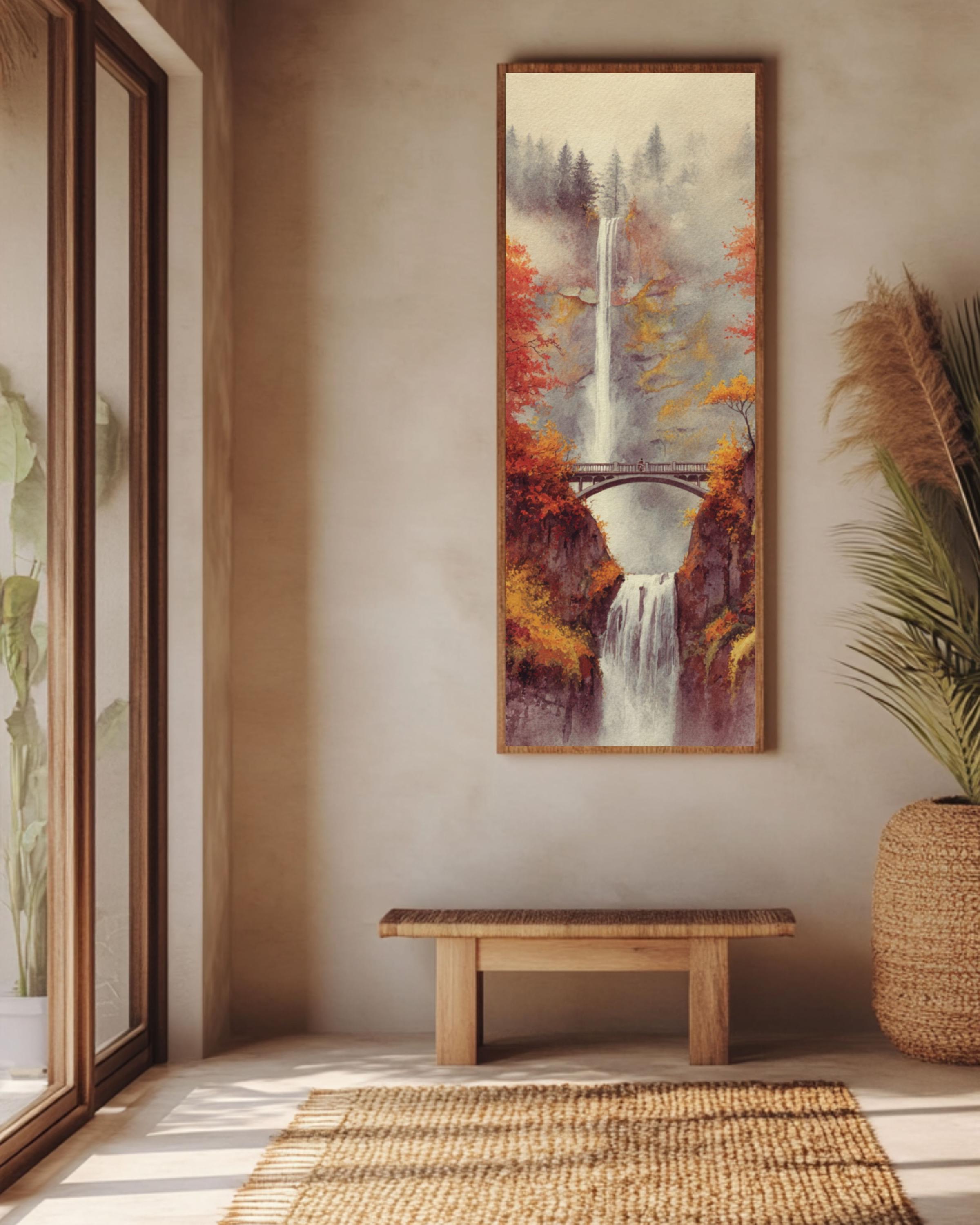 Multnomah Falls Autumn Watercolor Art Print: Oregon Landscape Wall Decor Canvas Wall Art – Modern Decor Print