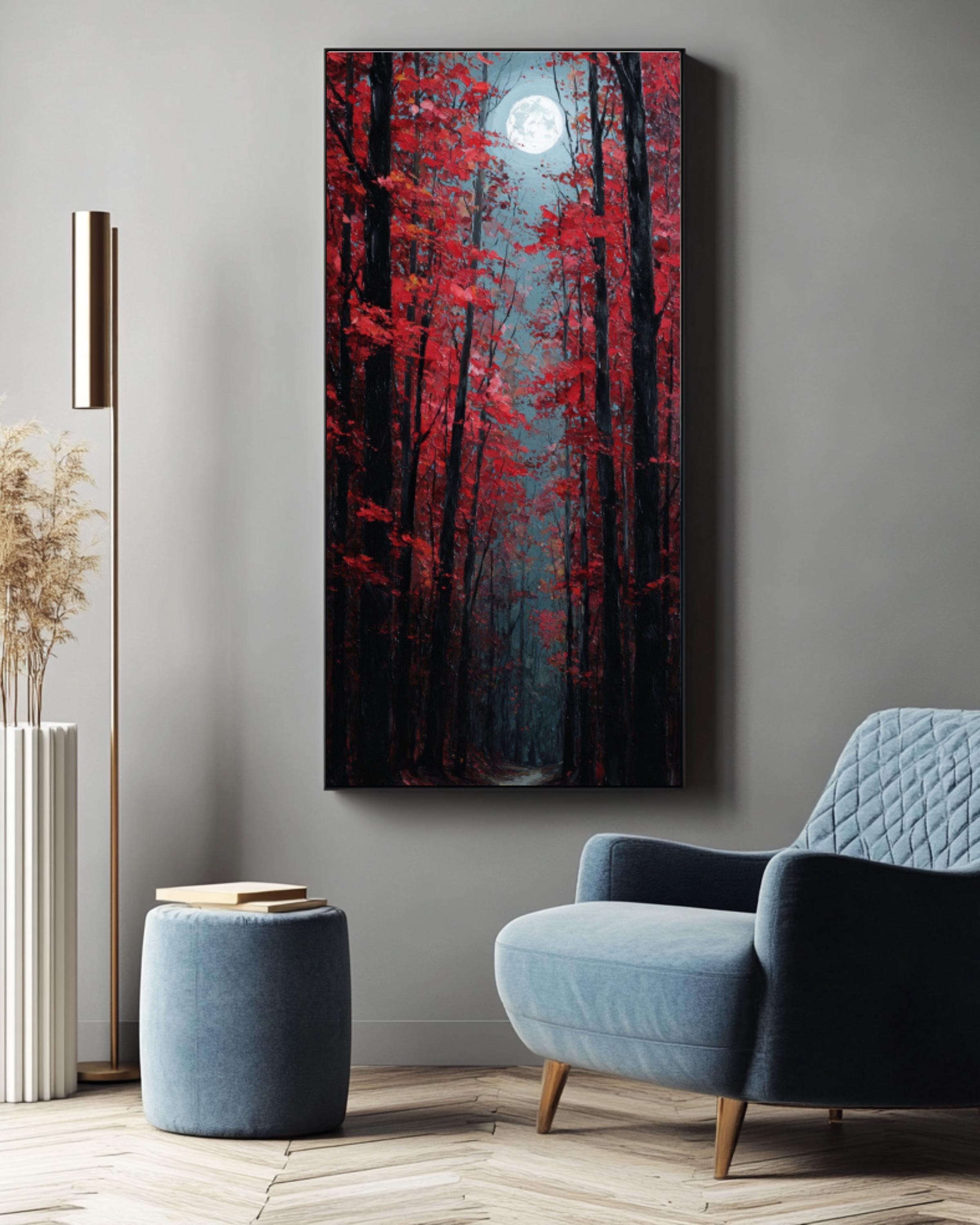 Red Maple Forest Path Painting: Moody Autumn Wall Art, Wooden Frame Option Canvas Wall Art – Modern Decor Print