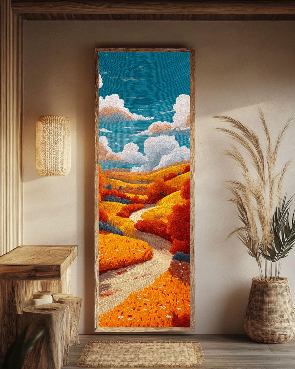 Autumn Countryside Landscape Art: Whimsical Kids Illustration Style Canvas Wall Art – Modern Decor Print