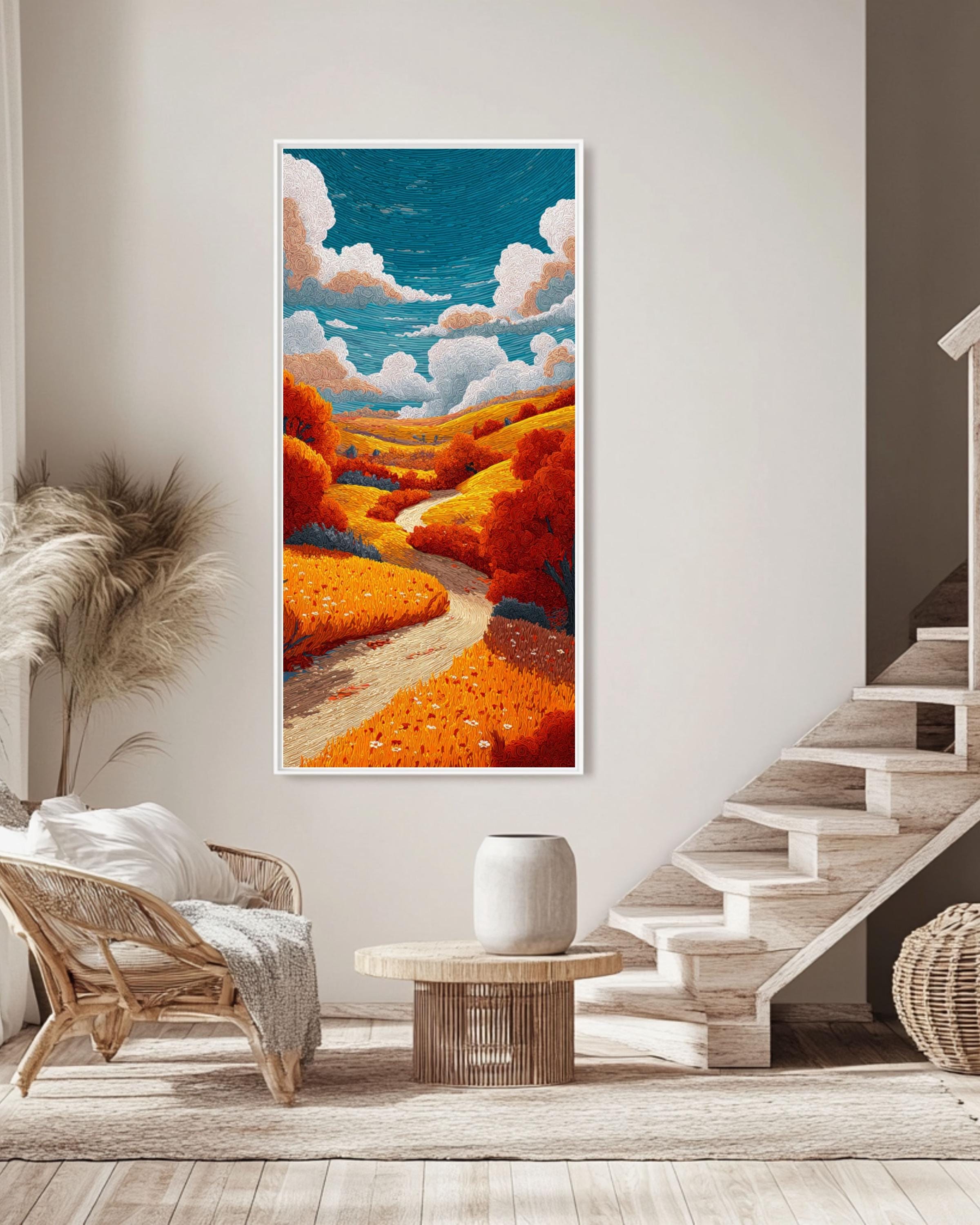 Autumn Countryside Landscape Art: Whimsical Kids Illustration Style Canvas Wall Art – Modern Decor Print
