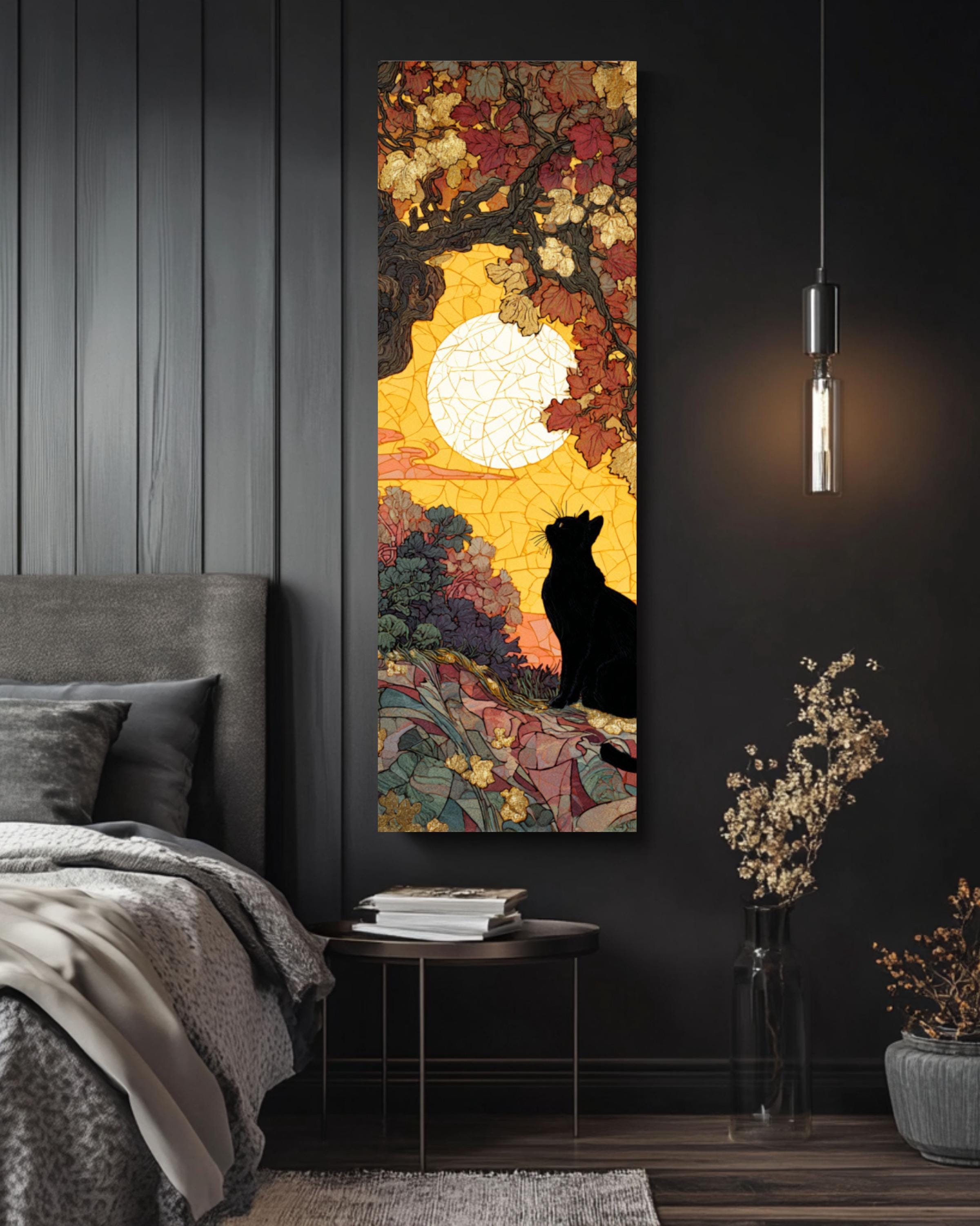 Black Cat Under Oak Tree Art Print: Mosaic Sunset, Gold Leaf Accents Canvas Wall Art – Modern Decor Print